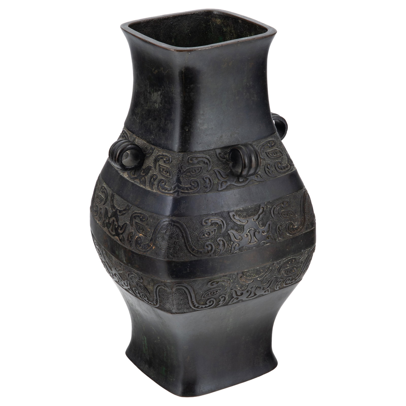 A Chinese Archaistic Bronze Vase: A Chinese Archaistic Bronze Vase 20th Century The heavily cast Fanghu shaped bronze vessel of flatten Hu form, rising from a splayed square foot to waisted neck and flared mouth. The body finely cast 