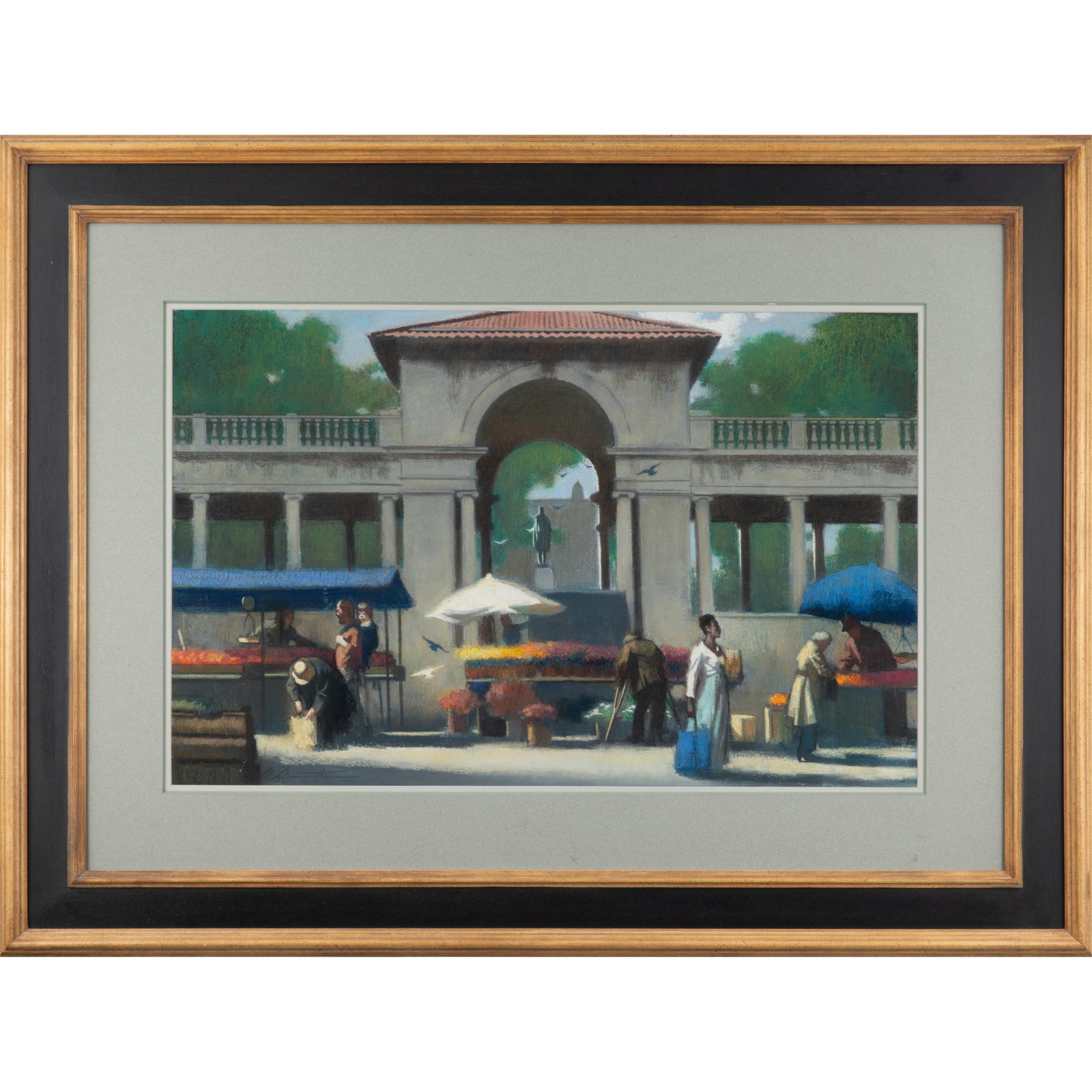 Harvey Dinnerstein (American, 1928-2022): Harvey Dinnerstein (American, 1928-2022) Farmers Market, Union Square. Mixed media, signed 'H. Dinnerstein' (lower left), framed. 18 1/2 x 28in. (47 x 71cm). 41 x 32in. (104 x 81.3cm/frame).