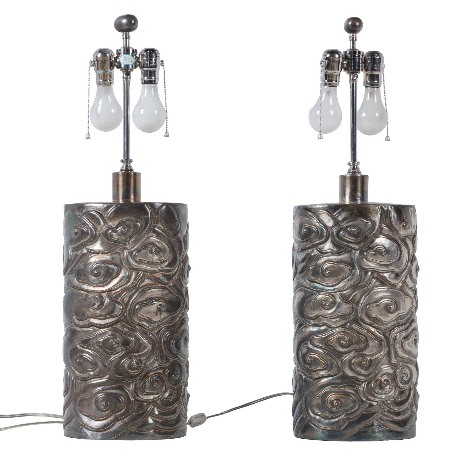 Pair Robert Kuo for McGuire Table Lamps: Pair Robert Kuo for McGuire Table Lamps In Rui Cloud pattern of swirling clouds, inspired by traditional Chinese designs. 16in (41cm) to fittings. Includes shade.