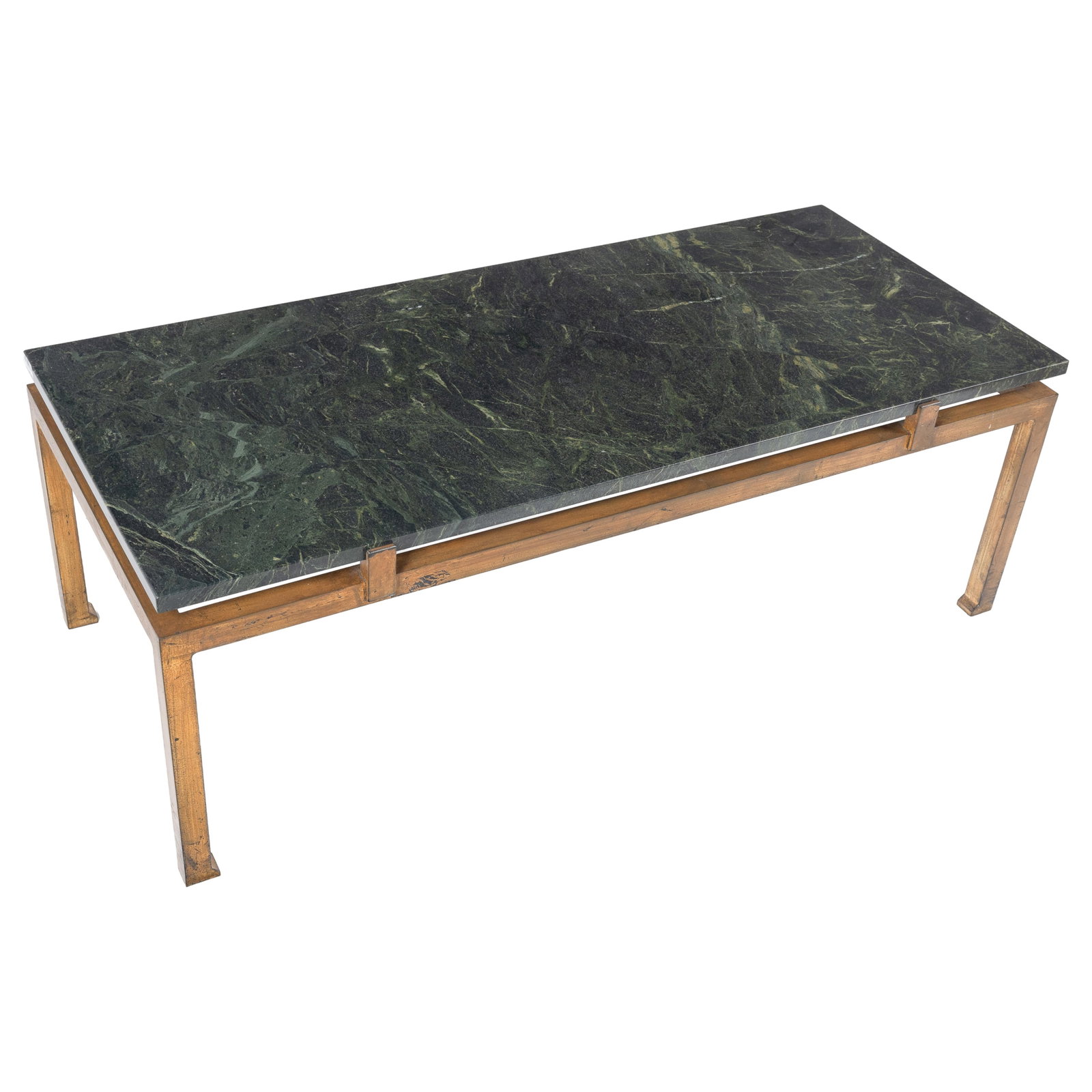 Maison Ramsay Coffee Table: Maison Ramsay Coffee Table The variegated green marble designed as seeming to float above the gilt metal base ending in ruyi feet. 16in (41cm) h. 48in (122cm) l. 21in (53cm) d.