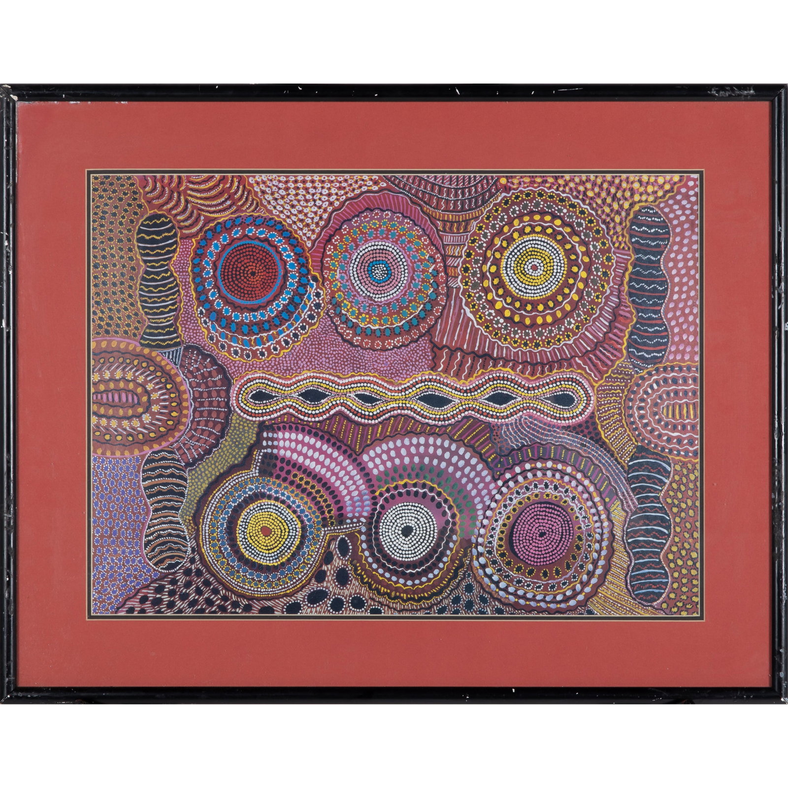 Norman Cox (Aboriginal Australian, b. 1937): Norman Cox (Aboriginal Australian, b. 1937) 'Witchery Grubs' Framed textile panel 15 1/2in x 21in (38cm. x 54cm) Norman Cox was born in 1937 on Louisa Downs Station in the southern Kimberley region