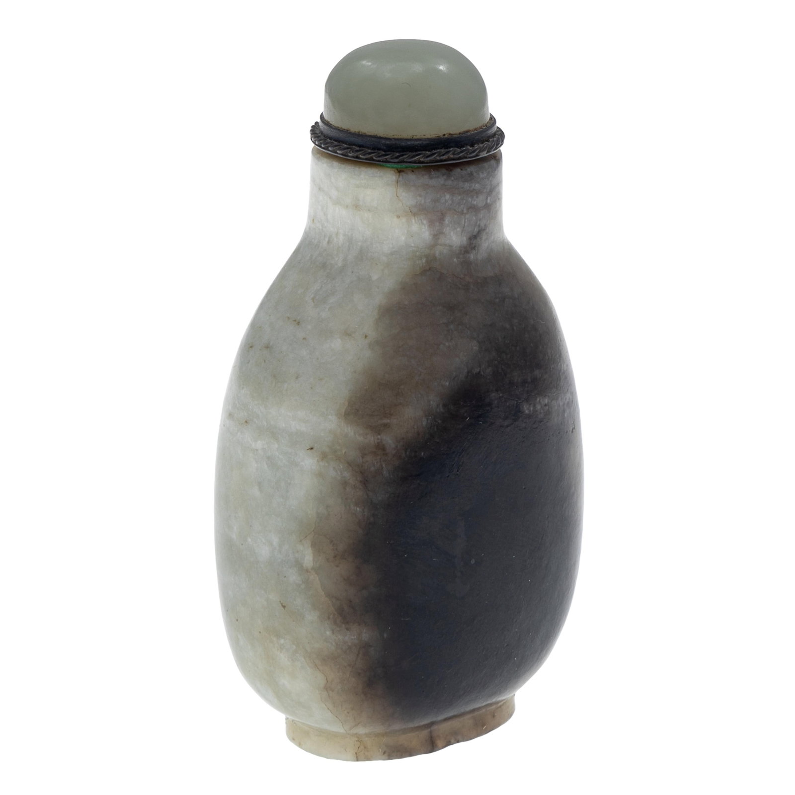 Celadon Jade Snuff Bottle: Celadon Jade Snuff Bottle Of flattened ovoid form with a short cylindrical neck and oval foot, the stone of a pale celadon tone with natural russet and dark grey cloud like inclusions, the stone is
