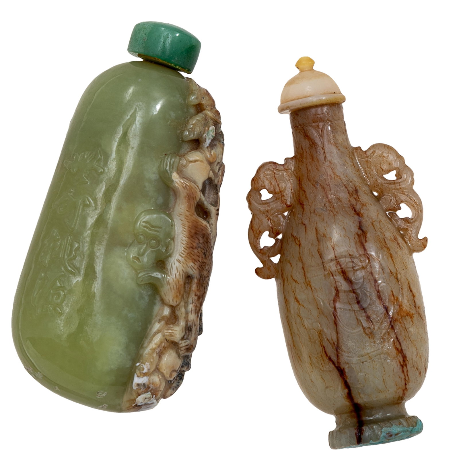 Two Chinese Carved Jade Snuff Bottles: Two Chinese Carved Jade Snuff Bottles Late 19th to early 20th Century. First is a carved and inscribed celadon jade "monkey and peach tree" snuff bottle, of flattened ovoid form carved in high relief 