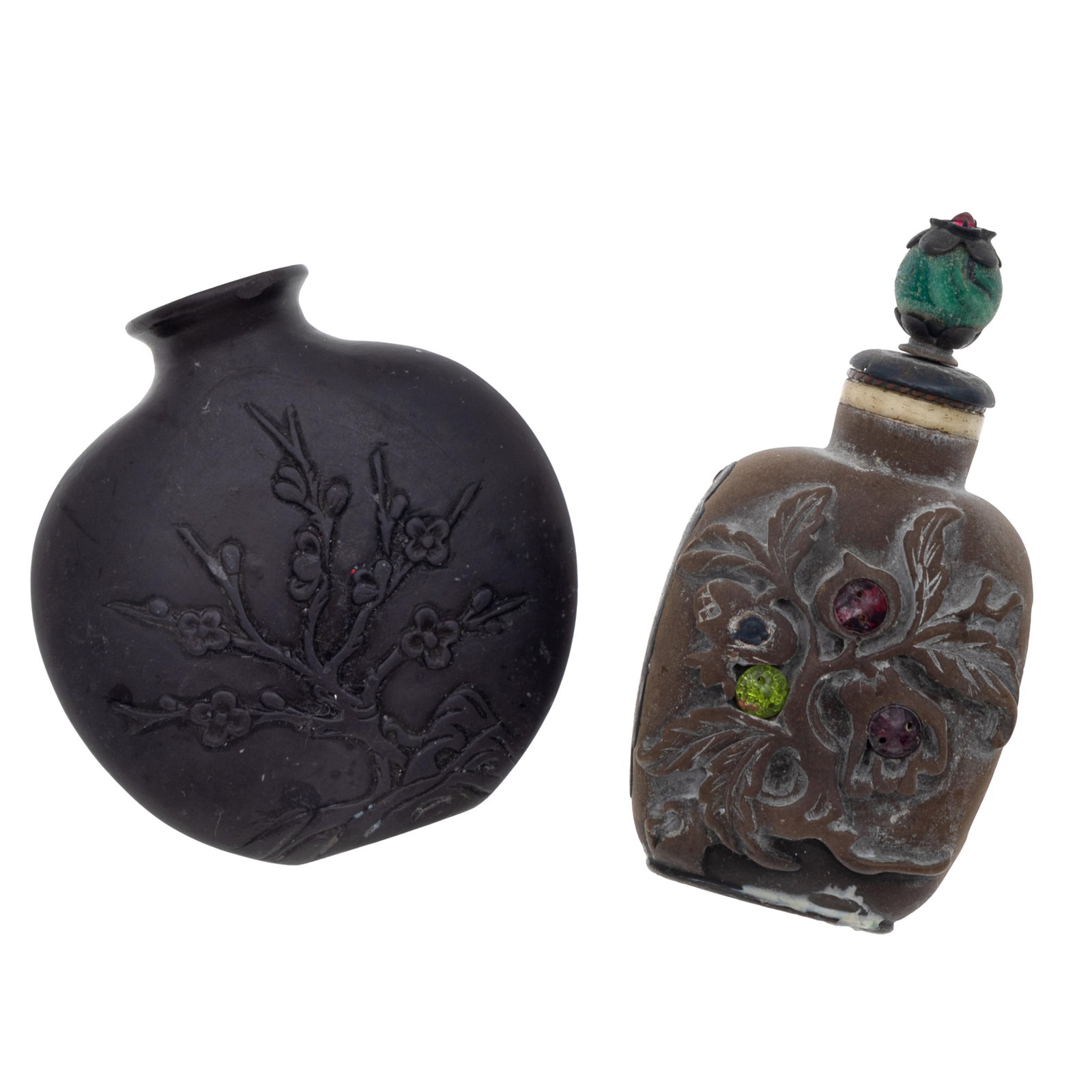 Chinese Yixing Zisha and Pottery Snuff Bottles: Chinese Yixing Zisha and Pottery Snuff Bottles Late 19th to 20th Century. First is a Yixing Zisha "Prunus and Poetry" snuff bottle, of compressed circular form, carved in low relief with prunus