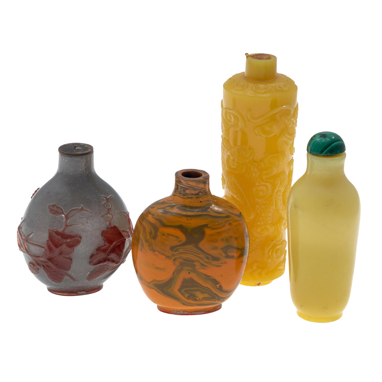Four Glass Snuff Bottles: Four Glass Snuff Bottles Qing Dynasty to Republic Period. First is a Snowflake Glass Red-Overlay 'Grapes' Snuff Bottle, Of globular form, the translucent 'snowflake' glass ground overlaid in ruby-red