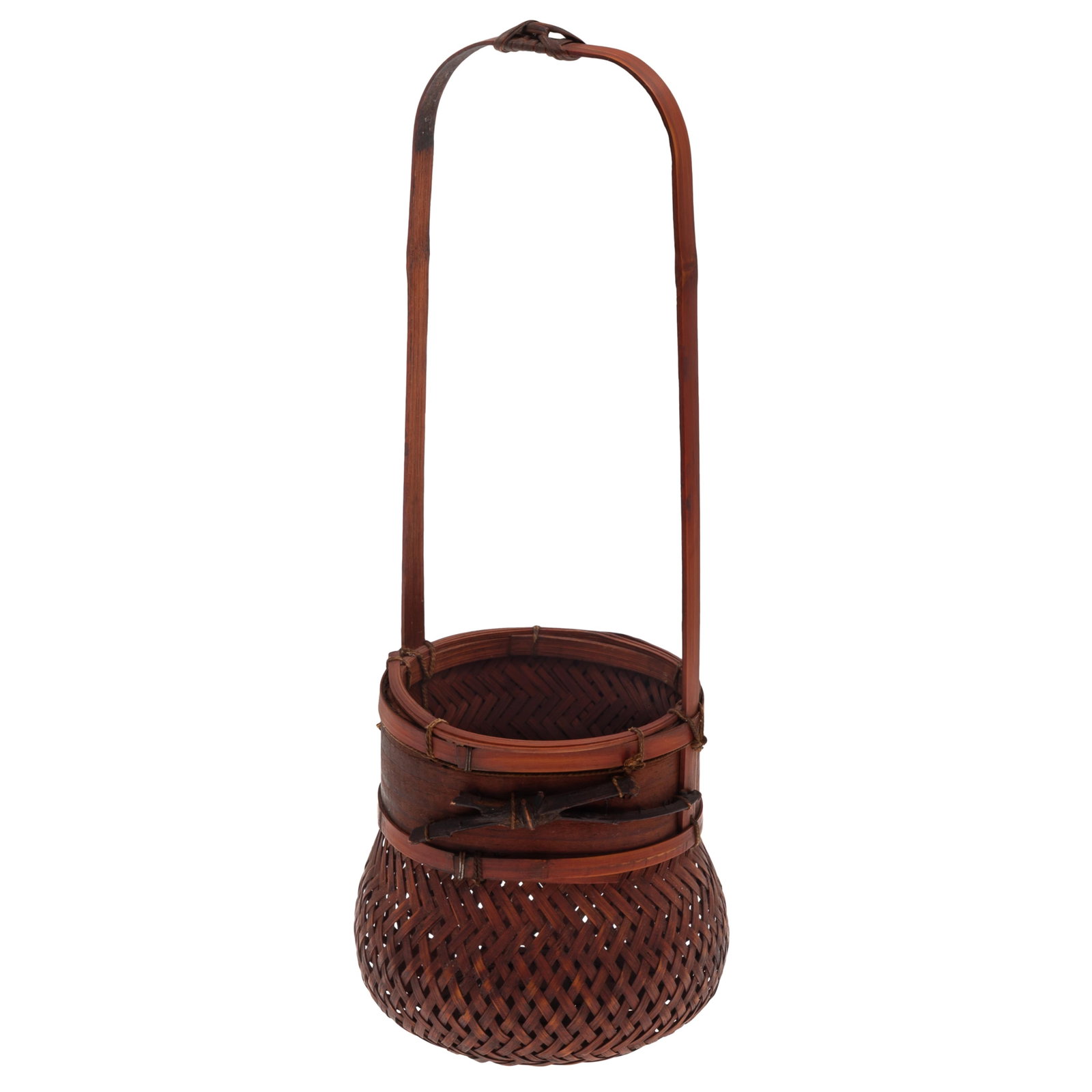 Bamboo Ikebana Basket: Bamboo Ikebana Basket Woven bamboo vase for beneath tall loop handle. 16in (41cm) h.