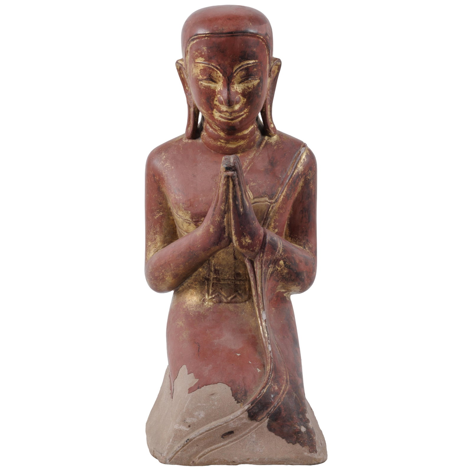 Burmese Carved Stone Figure of a Monk: Burmese Carved Stone Figure of a Monk Depicted kneeling, hands joined in prayer. 28in (72cm) h. Note: heavy item; consider shipping cost when bidding.