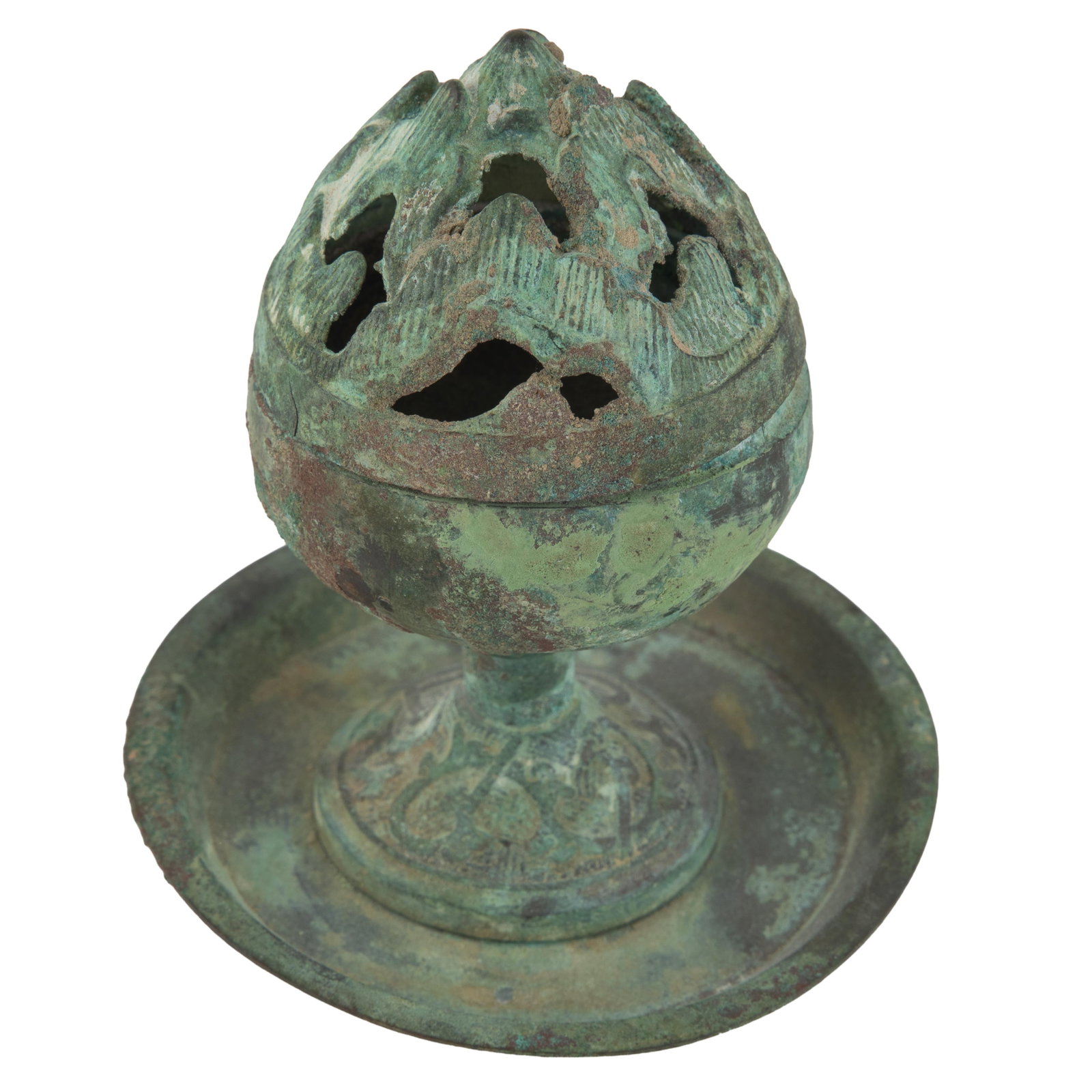 Bronze Boshan Incense Burner: Bronze Boshan Incense Burner Late Qing Dynasty to early 20th Century Of stemmed form with a domed cover pierced and cast as a mountainous landscape, supported on a wide circular dish base. The stem