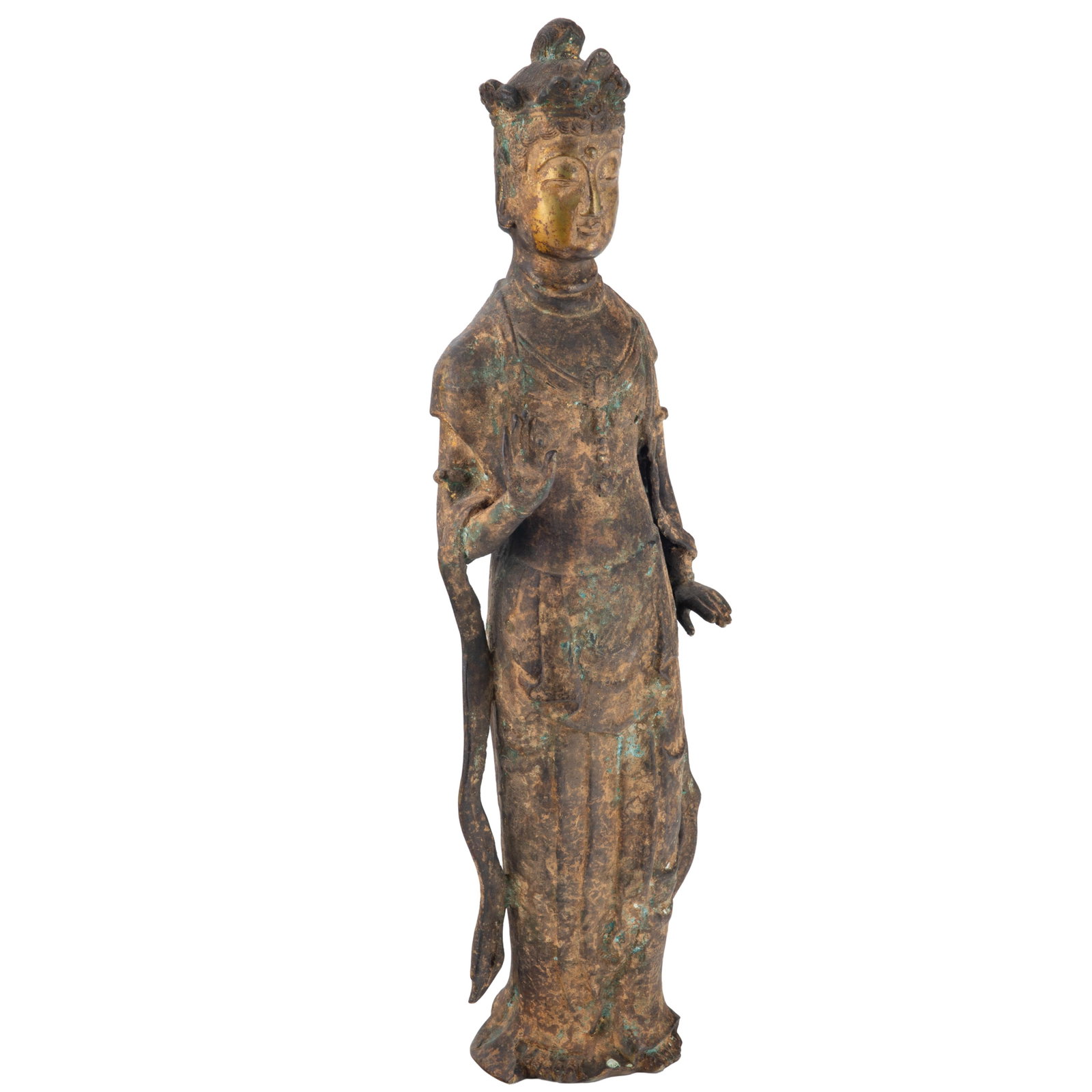 Chinese Cast Bronze Figure of Standing Guanyin: Chinese Cast Bronze Figure of Standing Guanyin Early 20th century in Tang / Song dynasty style. The Bodhisattva gracefully rendered in the tribhanga pose, wearing a high crown and flowing robes, right