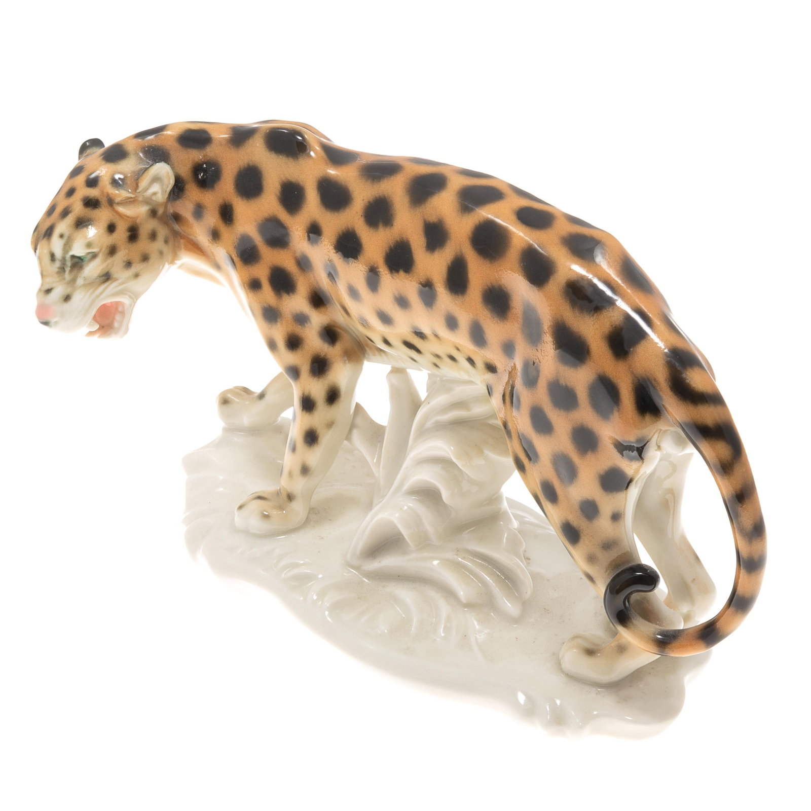 Karl Ens Manufactory Porcelain Leopard Figurine: Karl Ens Manufactory Porcelain Leopard Figurine Leopard in menacing pose. Volkstedt, Germany 6 1/2in (16cm) h. 8in (20cm) l.