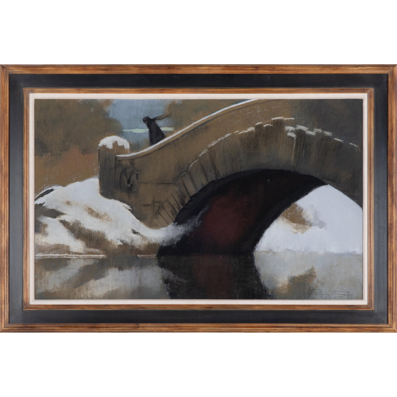 Harvey Dinnerstein (American, 1928-2022): Harvey Dinnerstein (American, 1928-2022) Winter, the Crossing. Mixed media, signed 'Dinnerstein' (lower right), framed. 24 x 40in. (61 x 101.5cm). 32 x 46 1/2in. (81.3 x 118cm/frame).