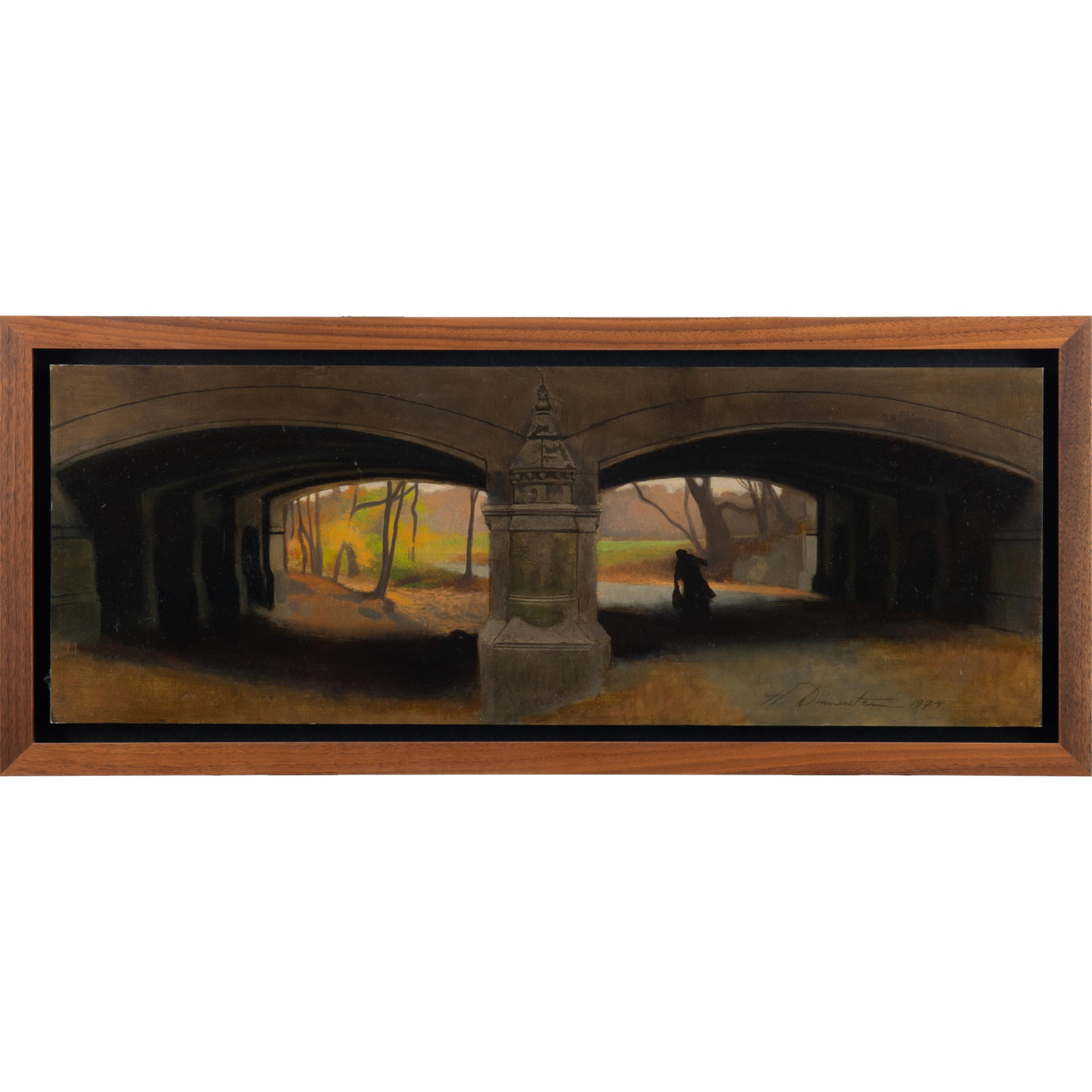 Harvey Dinnerstein (American, 1928-2022): Harvey Dinnerstein (American, 1928-2022) Under the Bridge, 1974. Oil on panel, signed and dated, 'H. Dinnerstein 1974' (lower right), framed. 8 x 22 1/2in. (20.3 x 57cm). 10 1/2 x 25in. (26.5 x