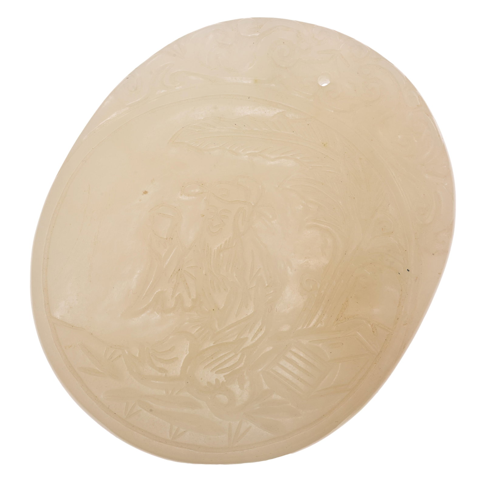 White Jade Zi-Gang Plaque: White Jade Zi-Gang Plaque Late Qing Dynasty Of flattened oval form, finely carved in low relief on one side with a scholar in a landscape, the reverse incised with a 12 character verse. The upper edge