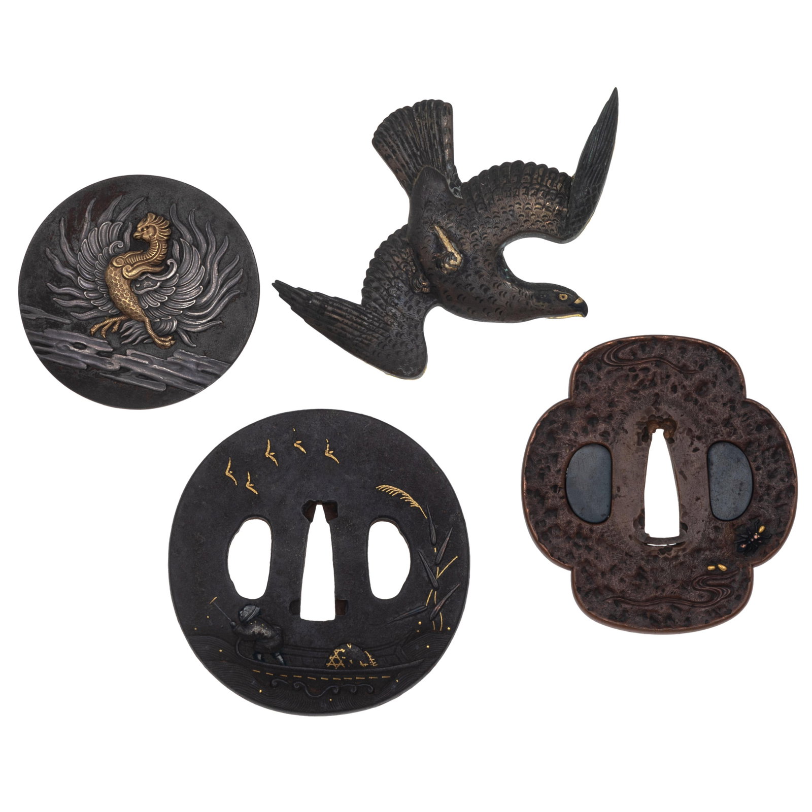 Four Japanese Sword Fittings: Four Japanese Sword Fittings Edo to Meiji Period. First is a four lobed form copper mokko-Gata Tsuba, in suaka copper with ishime ground, decorated with a spider and river waves in Shakudo and gold nu