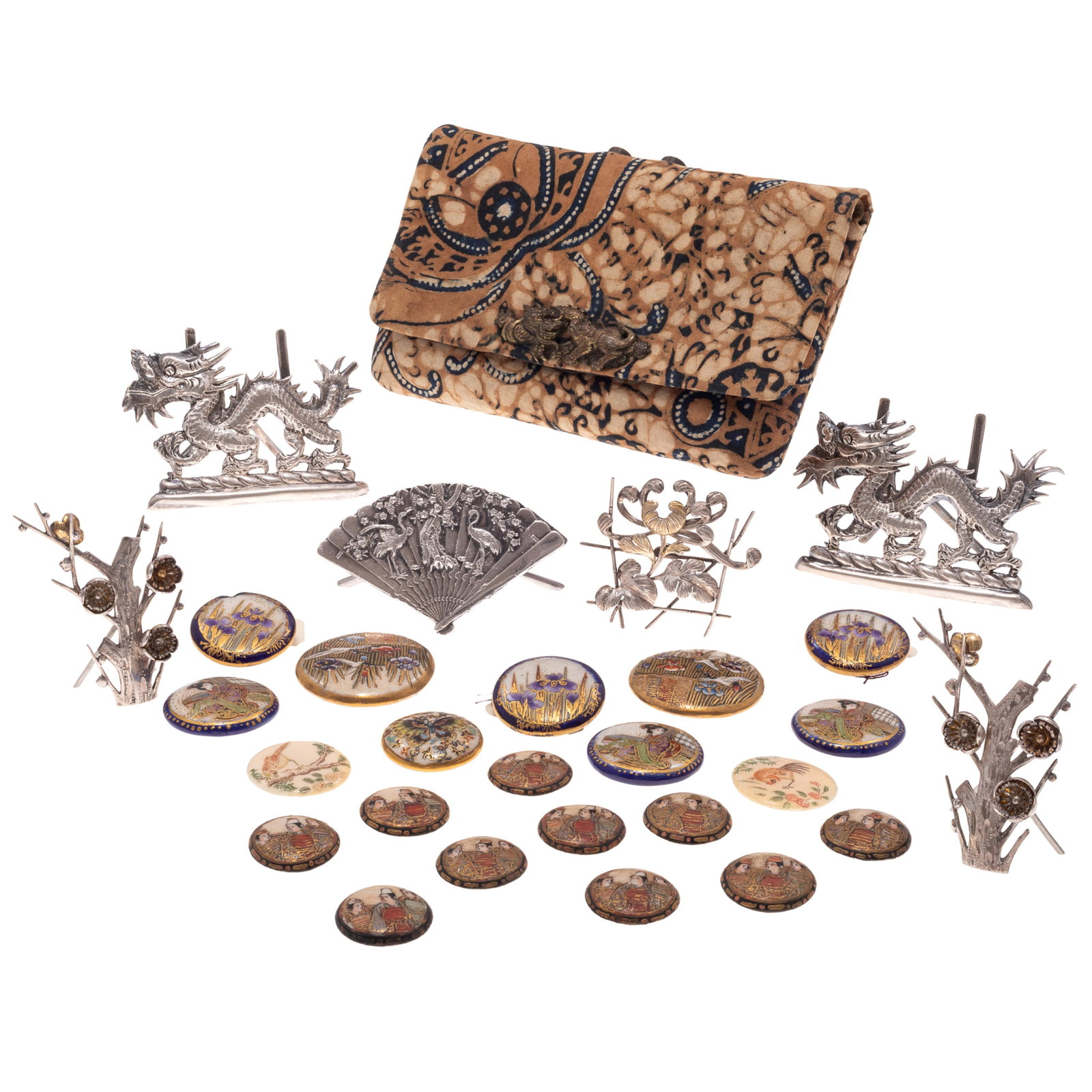 Japanese Pouch, Silver Ornaments and Satsuma Porcelain Buttons.: Japanese Pouch, Silver Ornaments and Satsuma Porcelain Buttons. Meiji to Taisho Period. Comprising: Six silver purse ornaments sagemono, including dragons, fan and floral motif, a cotton pouch with gi