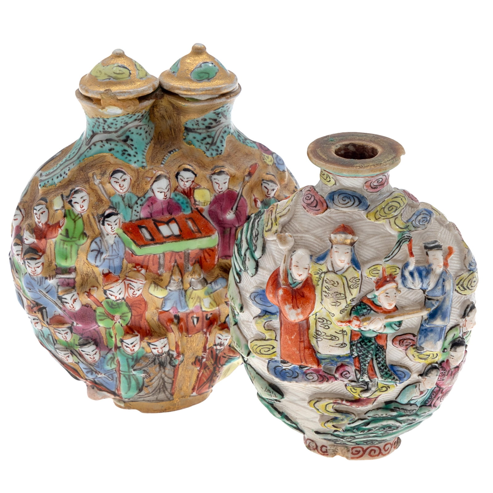Two Famille Rose Molded Porcelain Snuff Bottles: Two Famille Rose Molded Porcelain Snuff Bottles Qing Dynasty to Republic period. First is ‘Celebrating Guo Ziyi’s Birthday’ twin Conjoined snuff Bottle, depicting a grand figural procession of c