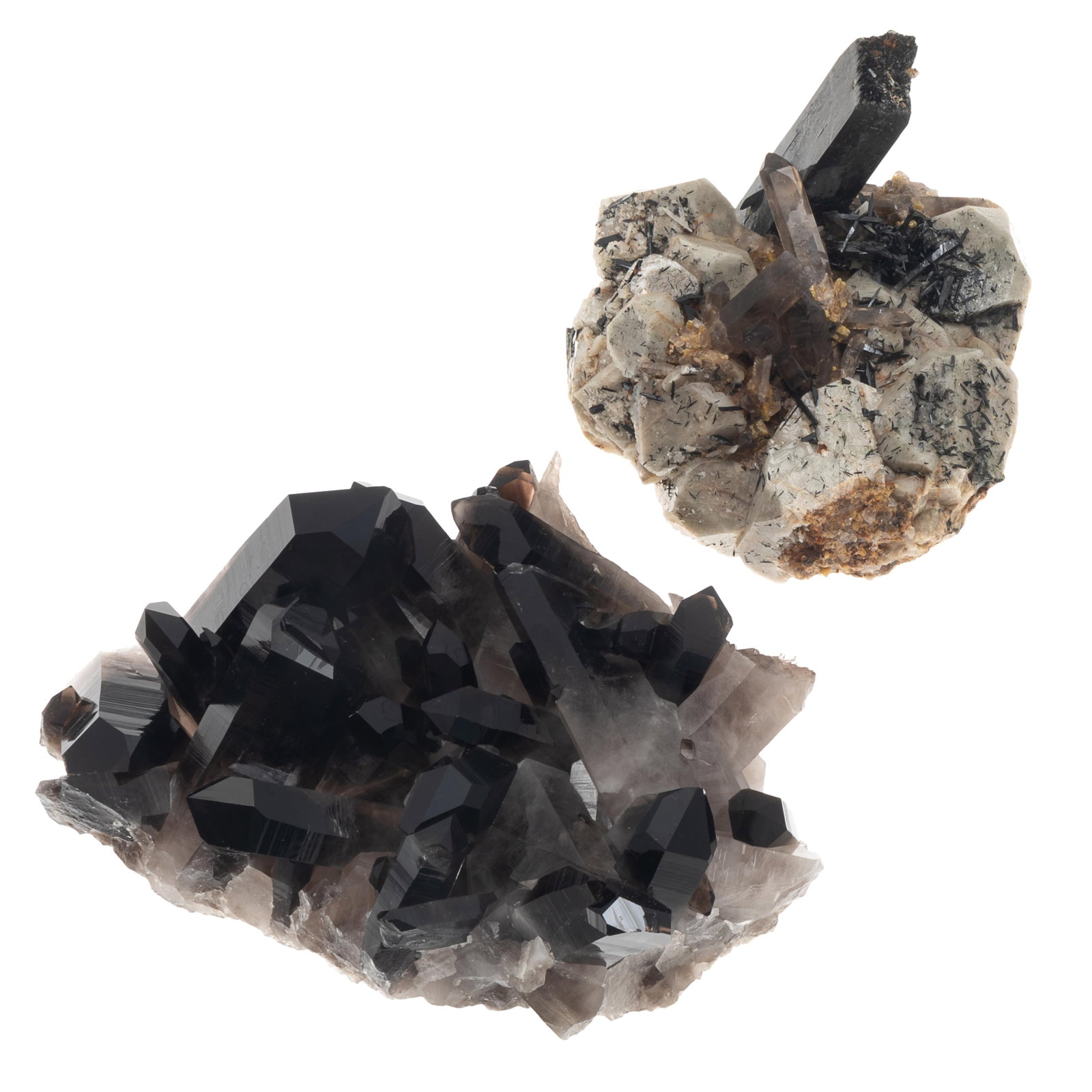 Two Smokey Quartz Specimens: Two Smokey Quartz Specimens Locality unknown. Including smokey quartz crystals on orthoclase, the longest (top broken) measuring approximately 2.25 inches in length, specimen measures approximately 4.