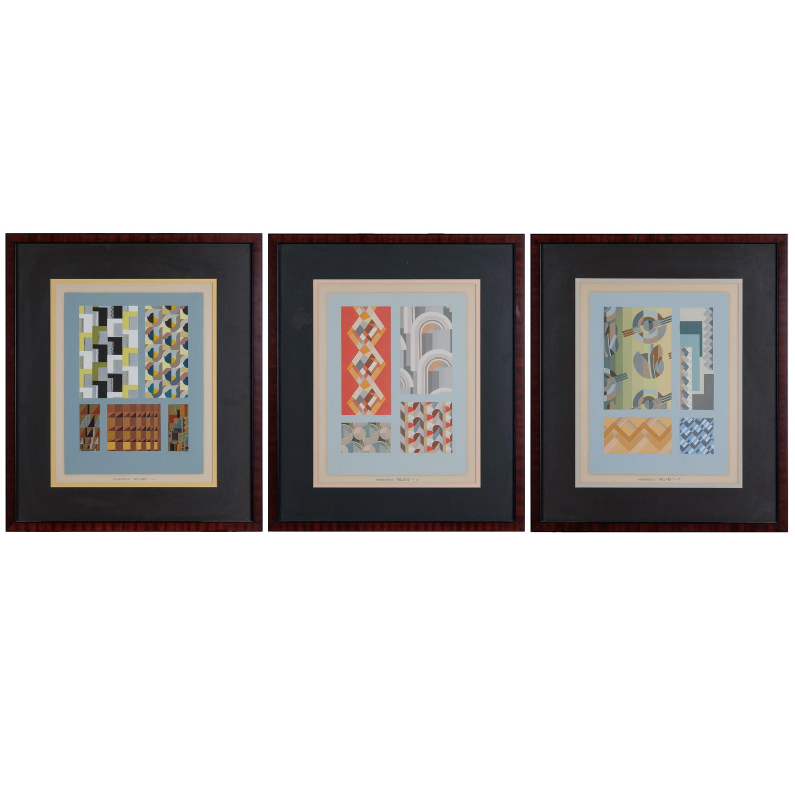 Edouard Benedictus (French, 1878-1930).: Edouard Benedictus (French, 1878-1930). Relais 1930, Plates 4, 7, 8. Three pochoir prints, each framed. 23 1/2 x 20 1/4in. (59.2 x 51.5cm/each frame).
