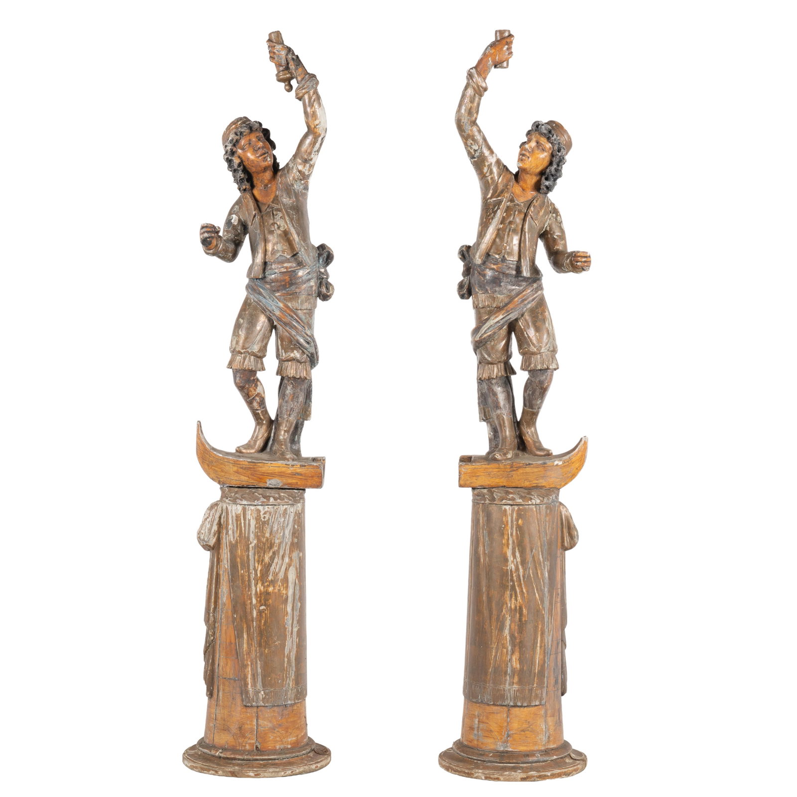 Venetian Gondoliers: Venetian Gondoliers The pair dressed in 18th century style with jacket, vest and sash tied about the waist, each standing contra posto, arms raised as if grasping an oar. Both standing on part gondola
