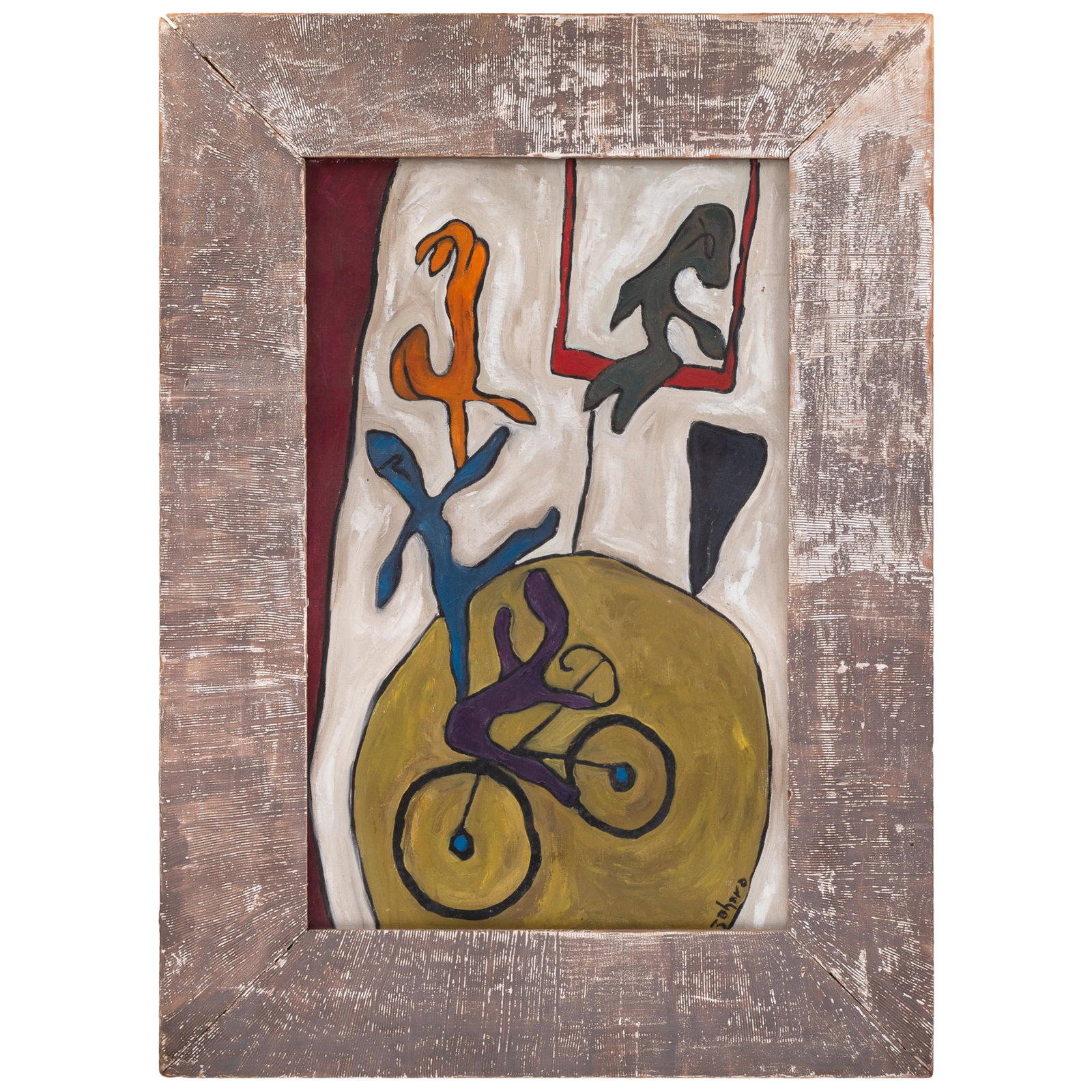 Zahara Schatz (Israeli 1916–1999): Zahara Schatz (Israeli 1916–1999) 'Circus of Life' oil on canvas signed l/r 25in. 16in (64cm.x 41cm) Framed: 35in x 25in (90cm. x 64cm) Zahara worked in many medium of art and craft. She painted scu