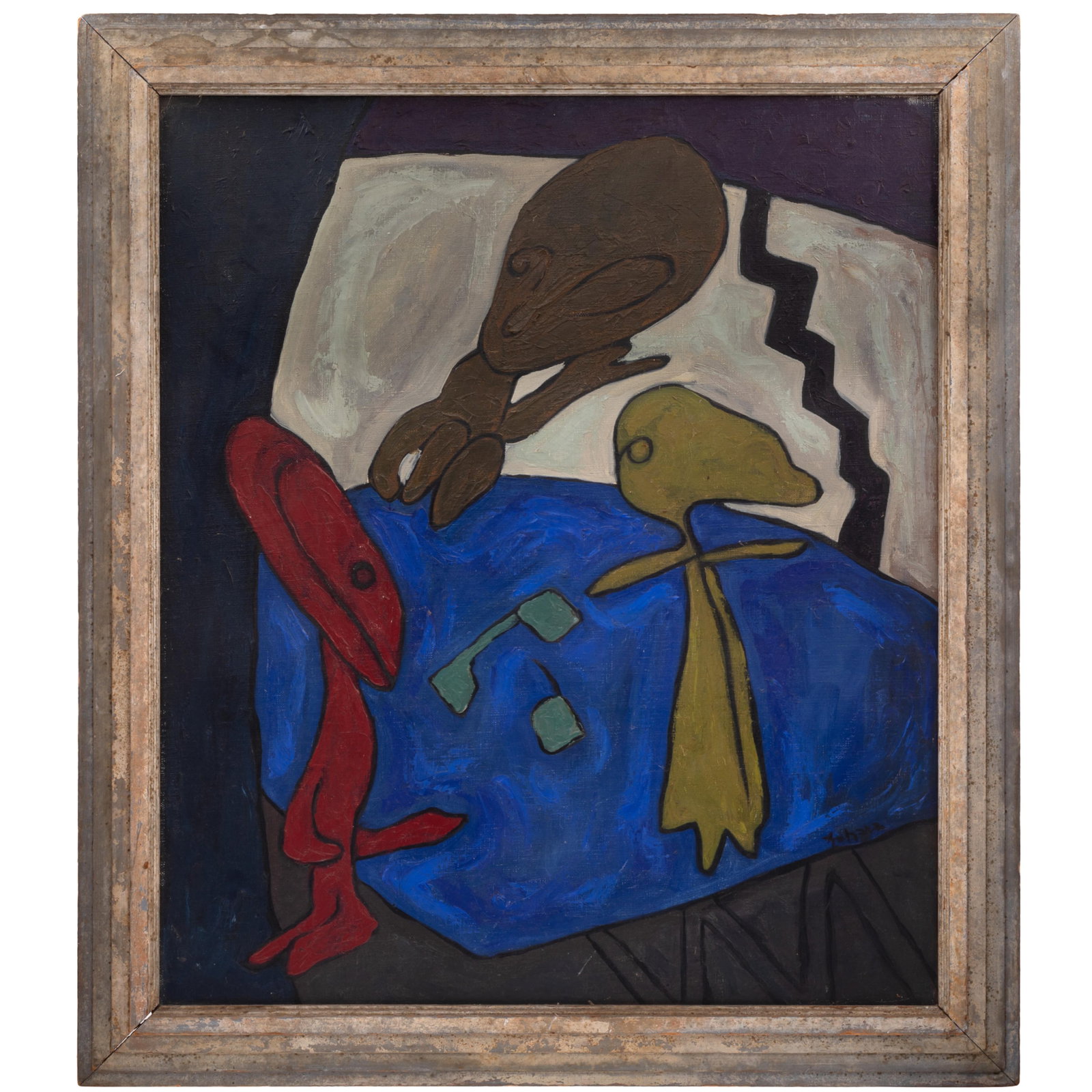Zahara Schatz (Israeli 1916–1999): Zahara Schatz (Israeli 1916–1999) 'Dice Game' Oil on canvas Signed l/r 27 1/2in x 23in (70cm. z 60cm) Framed 33in x 29in (84 x 74cm) Zahara worked in many medium of art and craft. She painted sculpt