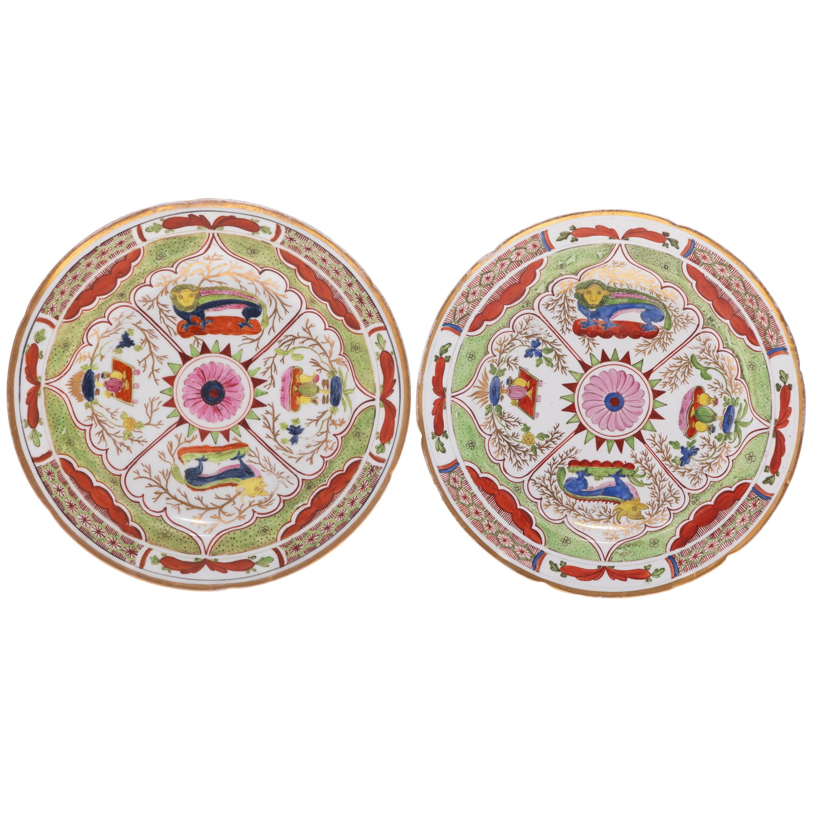 A Pair of Chinese Export Famille Rose Lion Porcelain Dishes: A Pair of Chinese Export Famille Rose Lion Porcelain Dishes Qing Dynasty, 18th Century. Each dish of circular form with lobed gilt rim, the center interior divided into four lobed panels against a gre