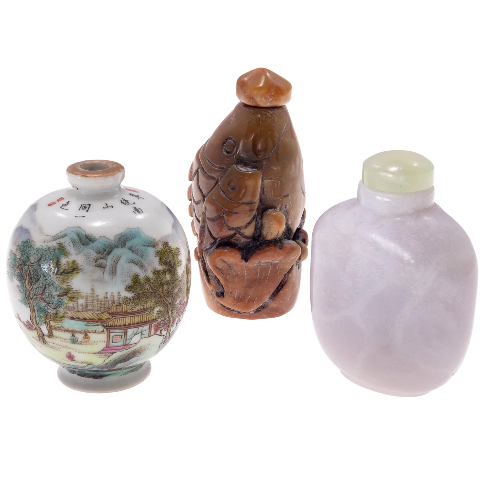 Three Snuff Bottles: Three Snuff Bottles First is an ovoid form famille rose enamel porcelain river landscape, inscribed on the shoulder with two red seal marks, the base with red "Jing Yuan Tang Zhi" mark, gilt rim. Heig