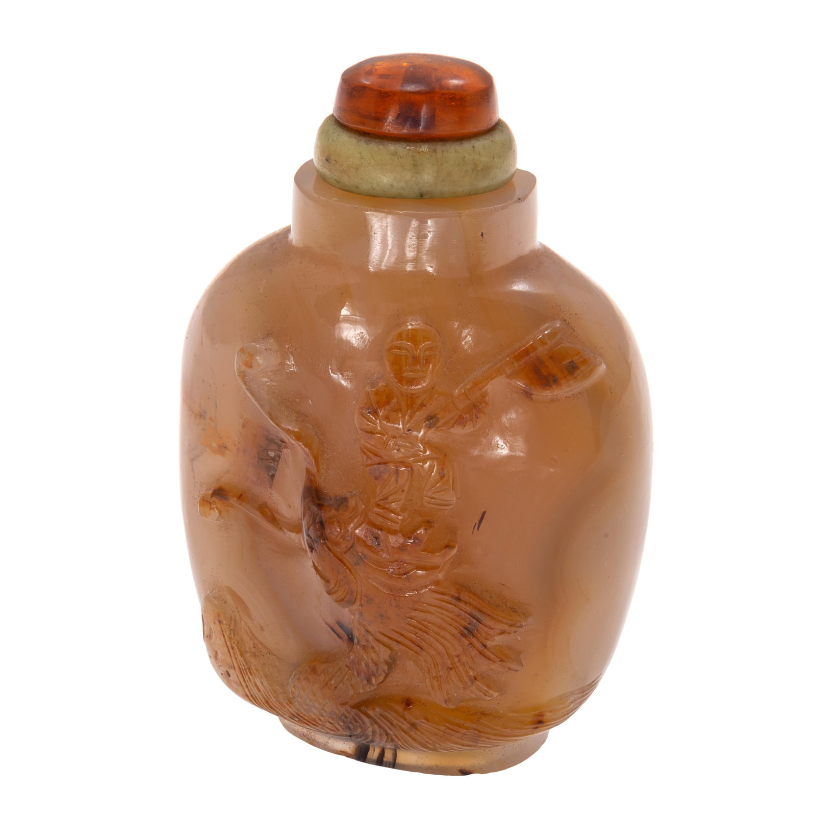 Chinese Honey Agate Snuff Bottle: Chinese Honey Agate Snuff Bottle 19th Century. The flattened ovoid body of translucent honey brown agate with natural dark striations and inclusions, skillfully carved in low relief to one side with a