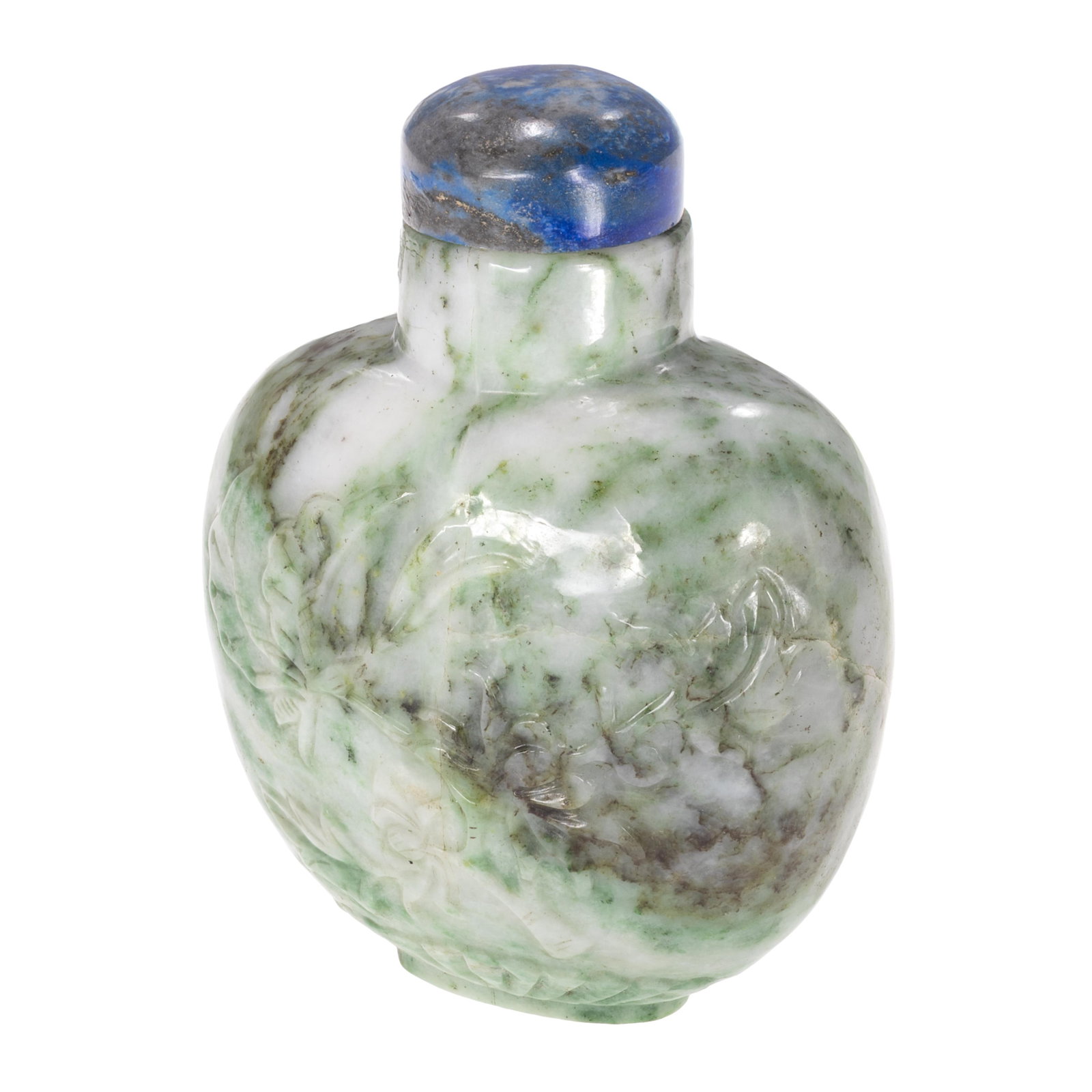 A Carved Jadeite Chrysanthemum Snuff Bottle: A Carved Jadeite Chrysanthemum Snuff Bottle Late Qing/Republic period The flattened rounded body carved in low relief from mottled green and white jadeite. The front side decorated with flowering chry
