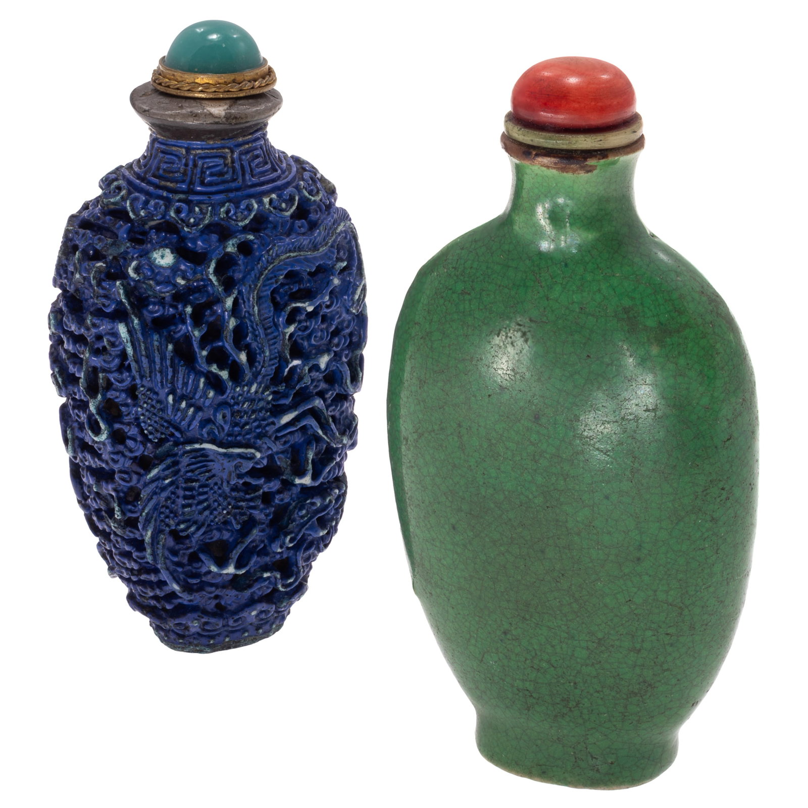 Two Chinese Porcelain Snuff Bottles: Two Chinese Porcelain Snuff Bottles Late Qing/Republic Period First is a monochrome green glazed porcelain snuff bottle. Of flattened spade form, covered overall in an apple green crackle glaze. Short