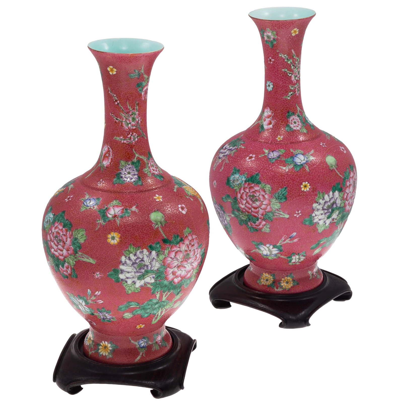 Pair of Sgraffito Ruby Ground Bottle Vases: Pair of Sgraffito Ruby Ground Bottle Vases Mid-20th Century, in Qianglong Style. Each of elegant bottle form with trumpet neck, decorated on a sgraffito ruby red ground incised with scrolling tendrils