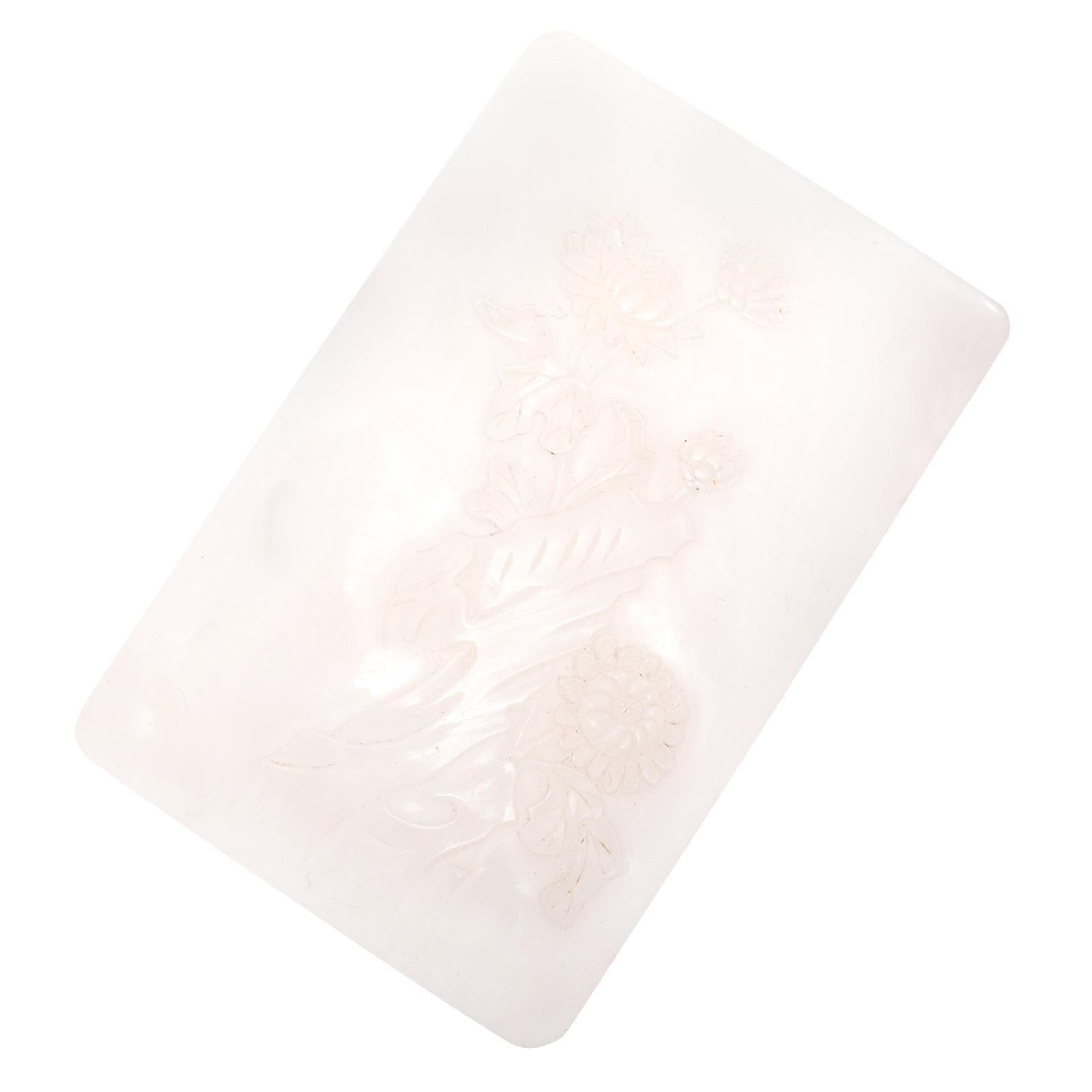 Chinese White Jade Chrysanthemum Plaque: Chinese White Jade Chrysanthemum Plaque Qing dynasty Of rectangular form with rounded corners, one side carved in low relief with a cluster of chrysanthemum blooms and foliage, the reverse left plain.