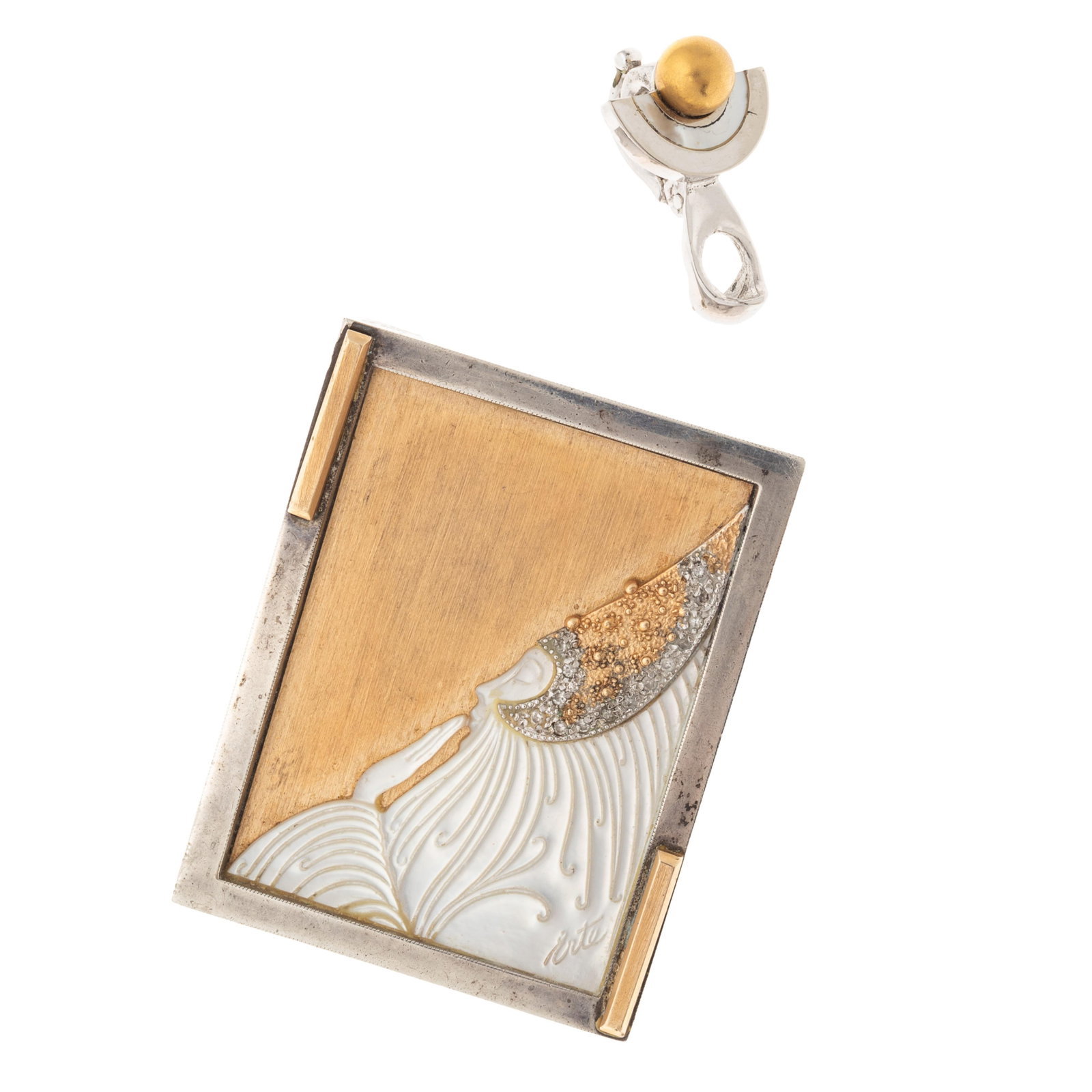 Erte Beloved Diamond, Mother-of-Pearl, 14k, Silver Pin Pendant: Erte Beloved Diamond, Mother-of-Pearl, 14k, Silver Pin Pendant Featuring a carved mother-of-pearl Art Deco style lady, her headress highlighted by single-cut diamonds, set in a 14k yellow gold and ste