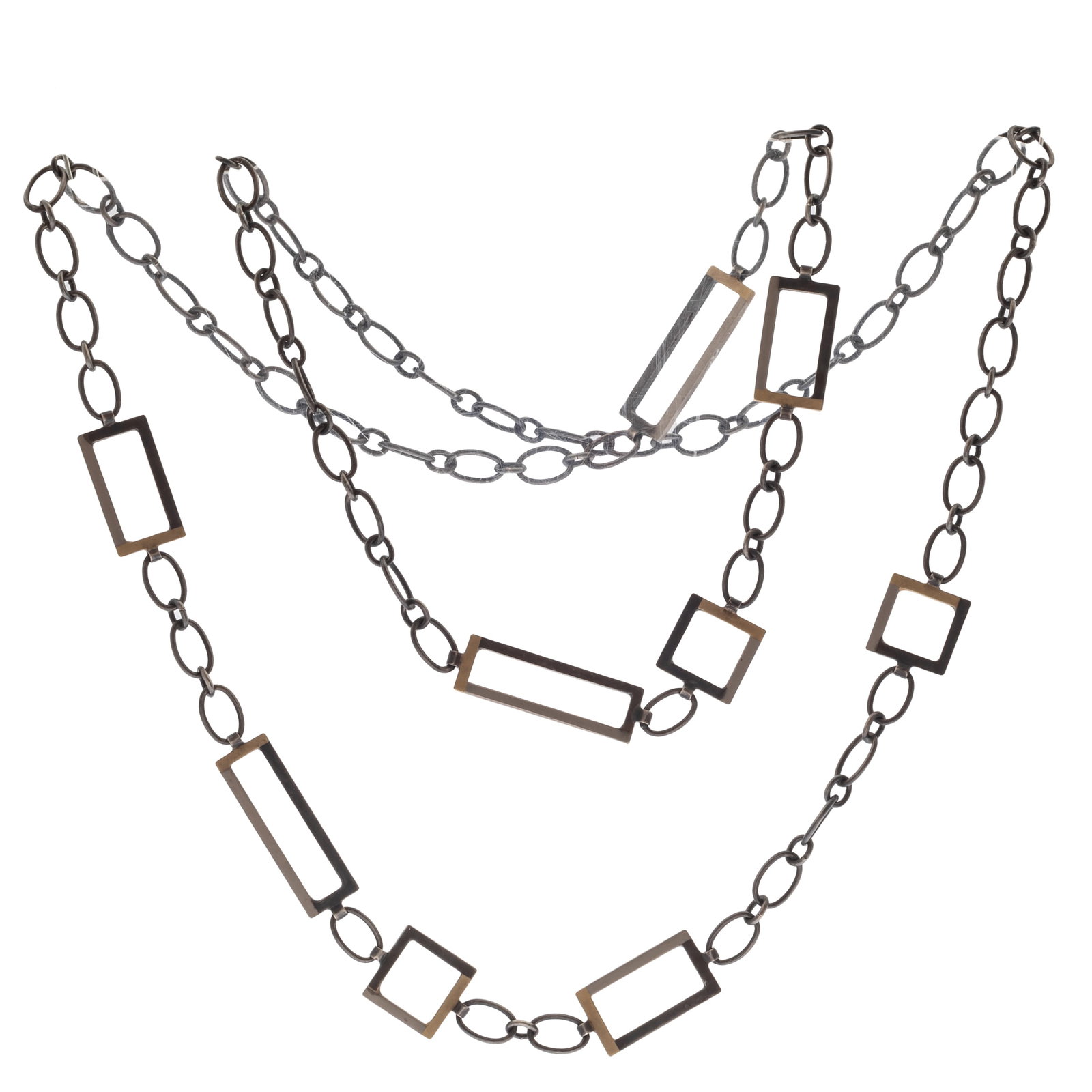 Mixed Metals Necklace, Belle Brook: Mixed Metals Necklace, Belle Brook Featuring square and rectangular stations composed of 14k gold and sterling silver, joined to oxidized sterling silver cable link chain forming a continuous 36 inch 