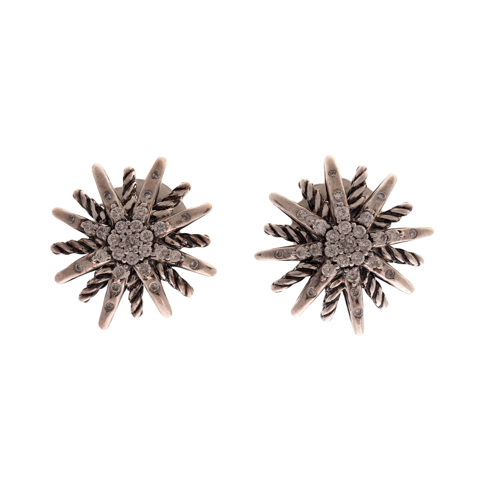Diamond, Sterling Silver, Starburst Earrings, David Yurman: Diamond, Sterling Silver, Starburst Earrings, David Yurman Each designed as a starburst, accented by twenty-eight full-cut diamonds weighing a total of approximately 0.25 cttw., set in a sterling silv