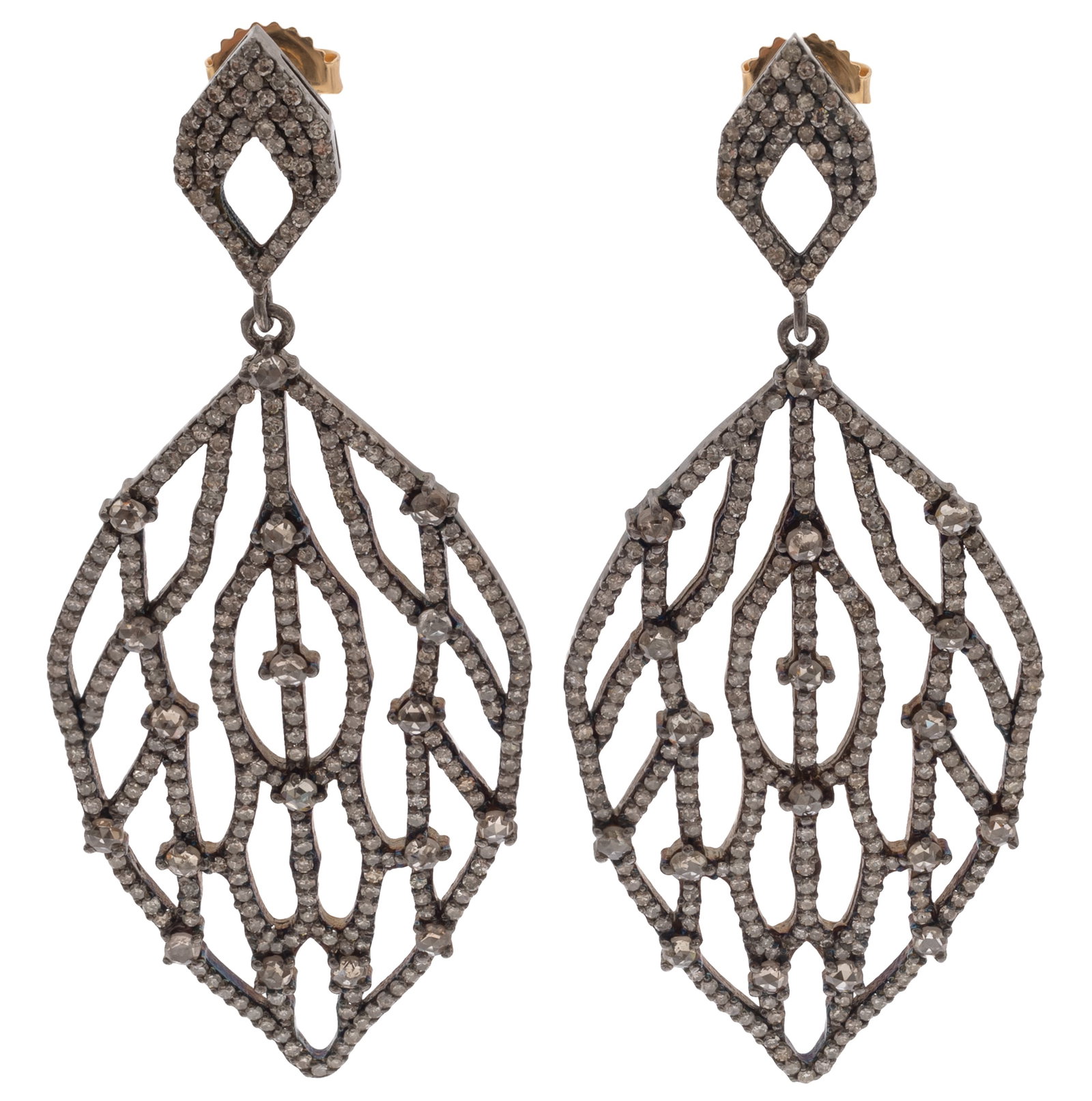 Pair of Diamond, 14k, Sterling Silver Earrings: Pair of Diamond, 14k, Sterling Silver Earrings Each designed as a leaf, featuring numerous rose-cut and single-cut diamonds set in a sterling silver articulated mounting measuring approximately 64.0 x