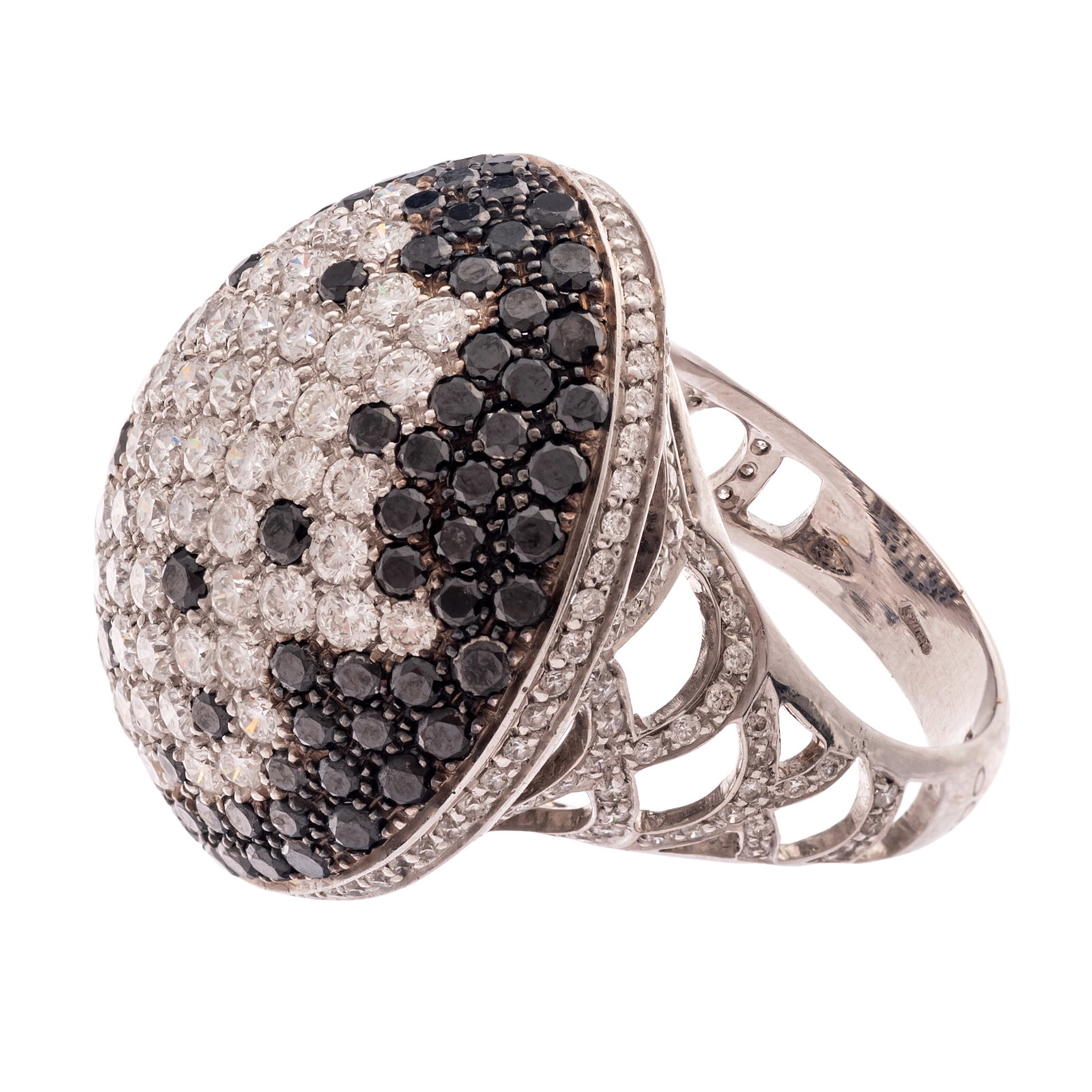 Diamond, Black Diamond, 18k White Gold Ring, Zydo: Diamond, Black Diamond, 18k White Gold Ring, Zydo Featuring numerous full-cut diamonds and black diamonds set in an 18k white gold ring mounting, size 6 /34. Signed Zydo to exterior of shank. Gross we
