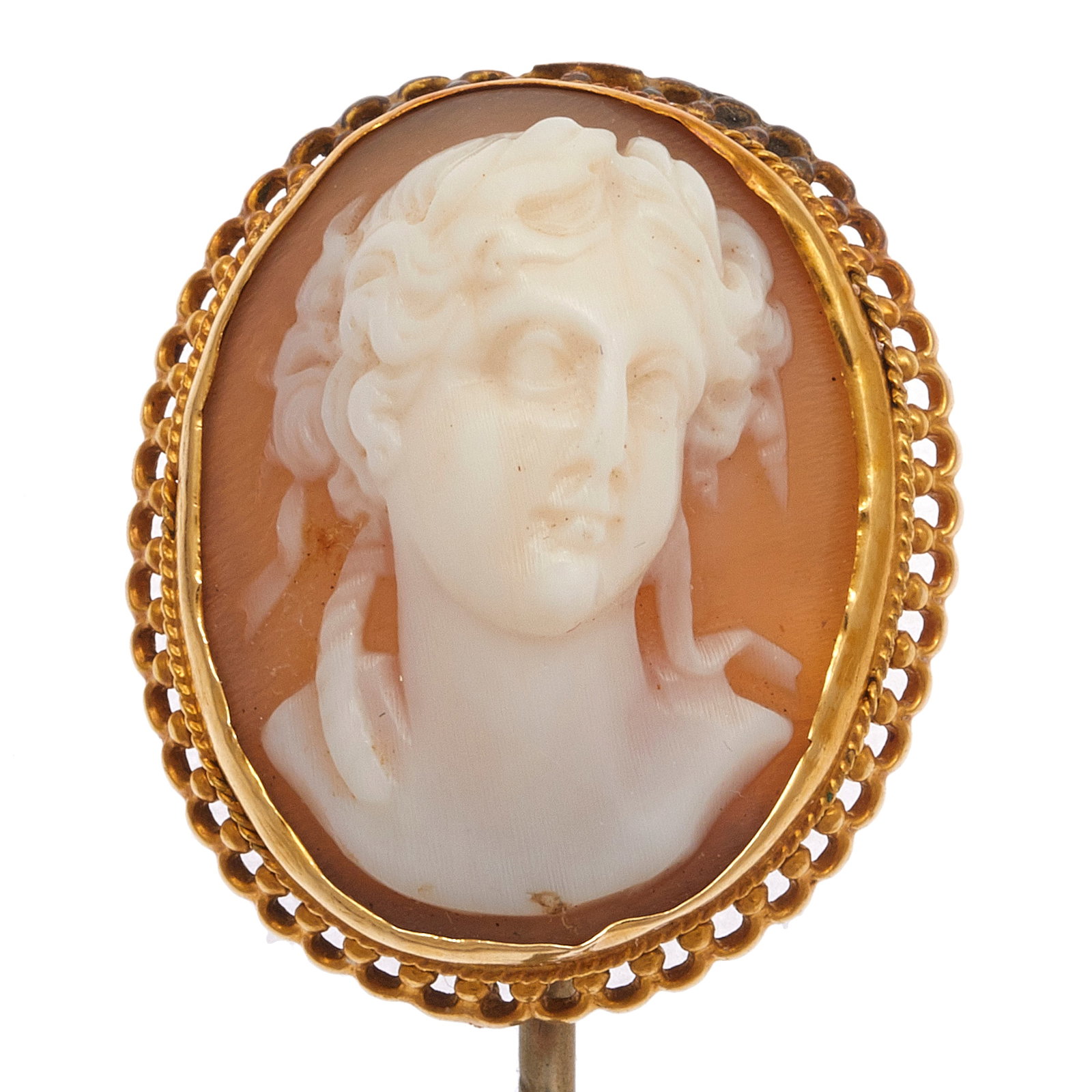 Shell Cameo, 14k Yellow Gold, Metal Stickpin in Box: Shell Cameo, 14k Yellow Gold, Metal Stickpin in Box Featuring a shell cameo of a classical beauty, set in a 14k yellow gold frame joined to white metal stickpin, measuring approximately 18.8 x 72.6 mm
