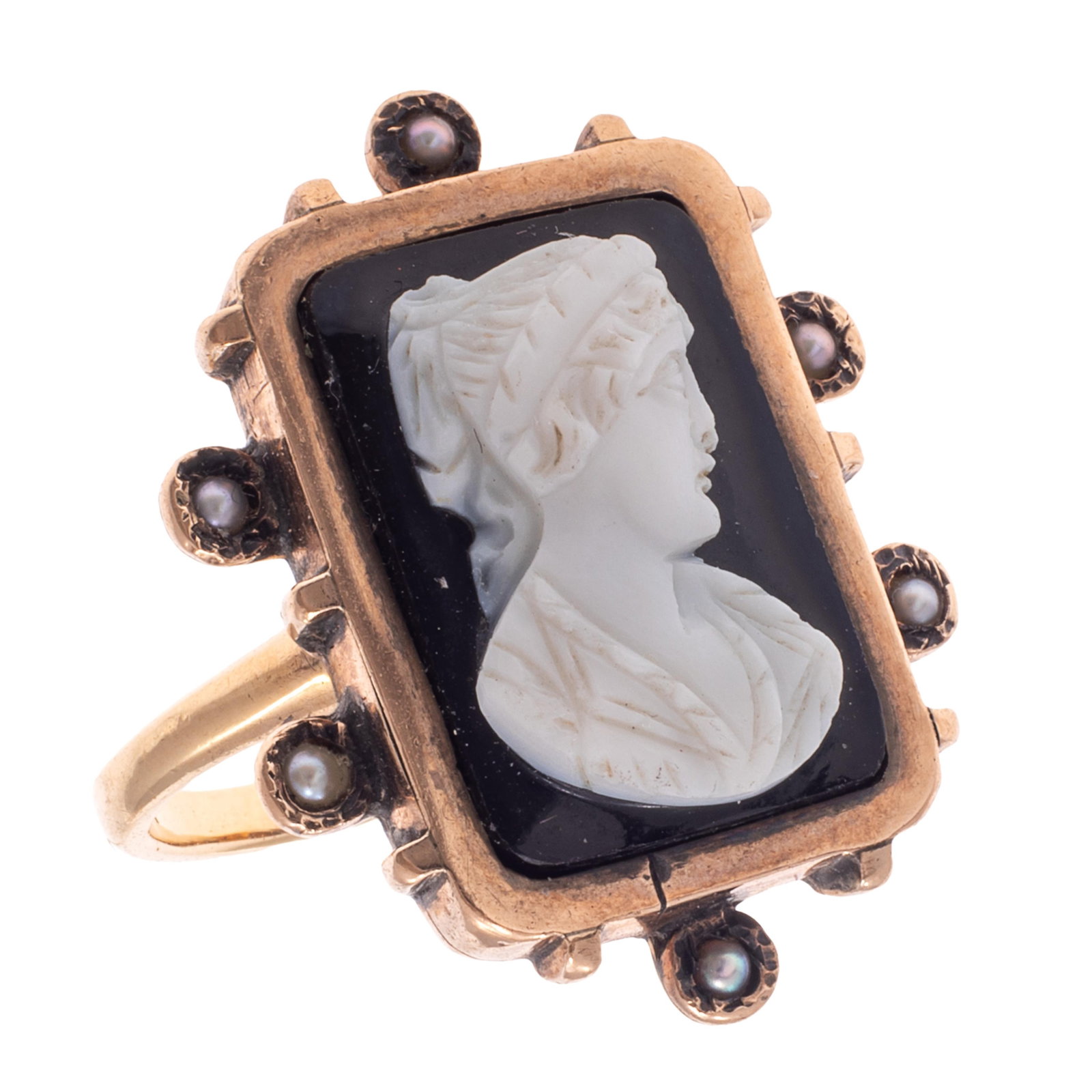 Hardstone Cameo, Seed Pearl, 14k Rose Gold Ring: Hardstone Cameo, Seed Pearl, 14k Rose Gold Ring Centering a rectangular hardstone cameo of a classical beauty in profile, accented by six seed pearls, set in a 14k rose gold ring mounting, size 5 1/2.