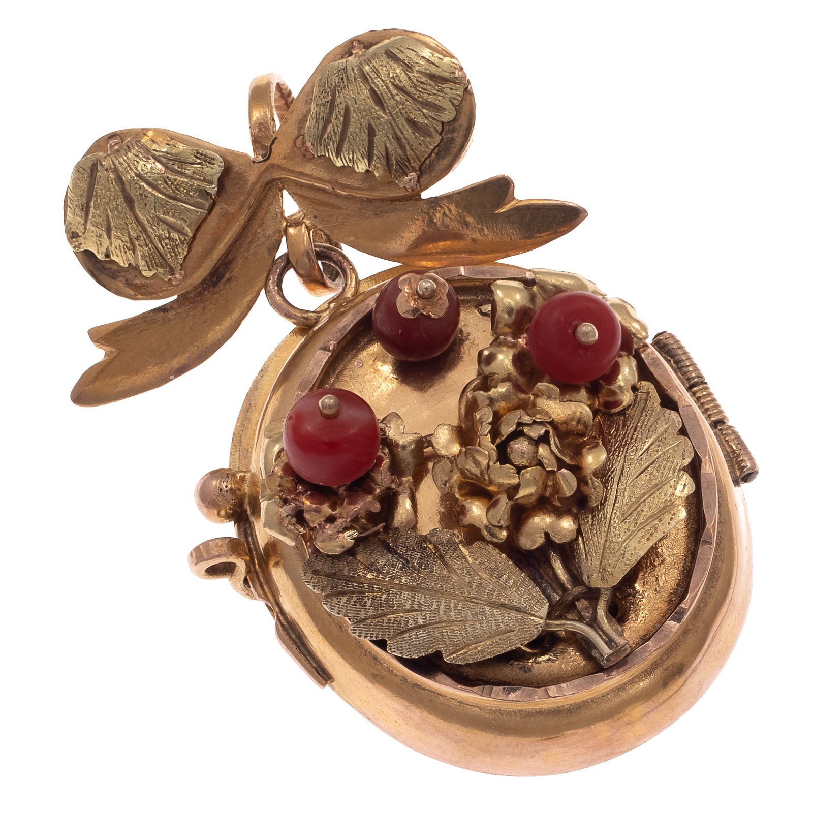 Coral, 10k Yellow Gold Locket: Coral, 10k Yellow Gold Locket The 10k yellow gold oval locket featuring applied flowers, leaves and three coral beads, suspended by a foliate top, forming a pendant measuring approximately 1.80 x 1.10