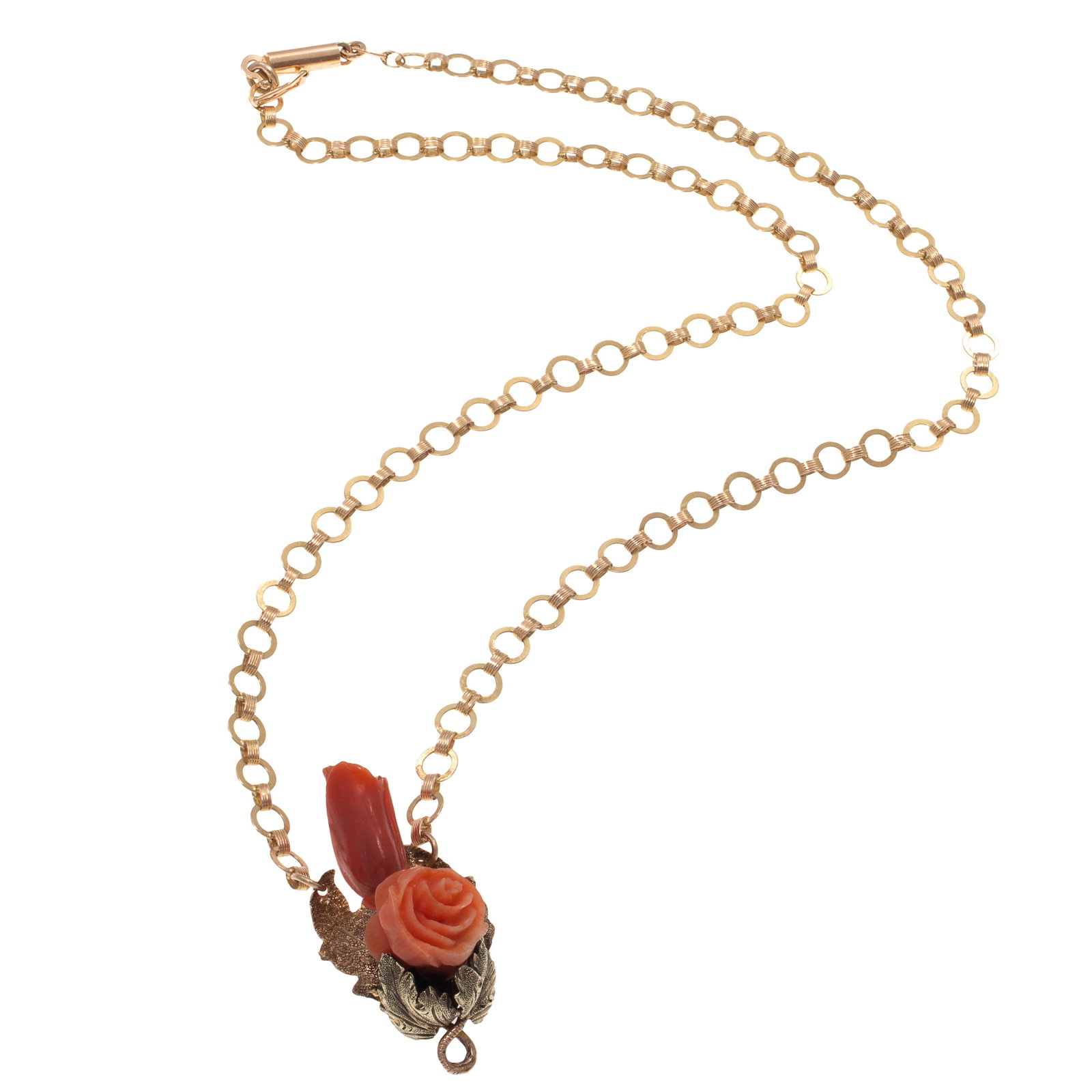 Coral, 14k Yellow Gold Necklace: Coral, 14k Yellow Gold Necklace Designed in a floral motif, featuring carved coral suspended by flat-link chain, completed by a tongue-and-groove clasp with figure-eight safety, forming a 15 1/2 inch 