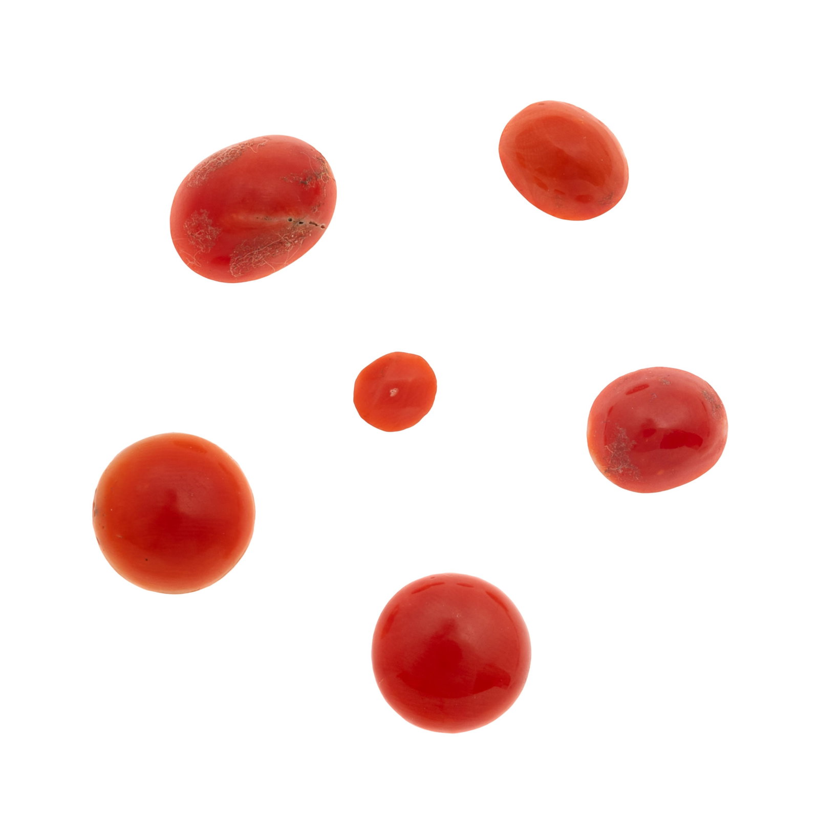 Group of Six Unmounted Coral Cabochons: Group of Six Unmounted Coral Cabochons Including two round coral cabochons measuring approximately 11.89 and 12.10 mm, together with four oval coral cabochons measuring approximately 10.97 x 9.67 mm, 