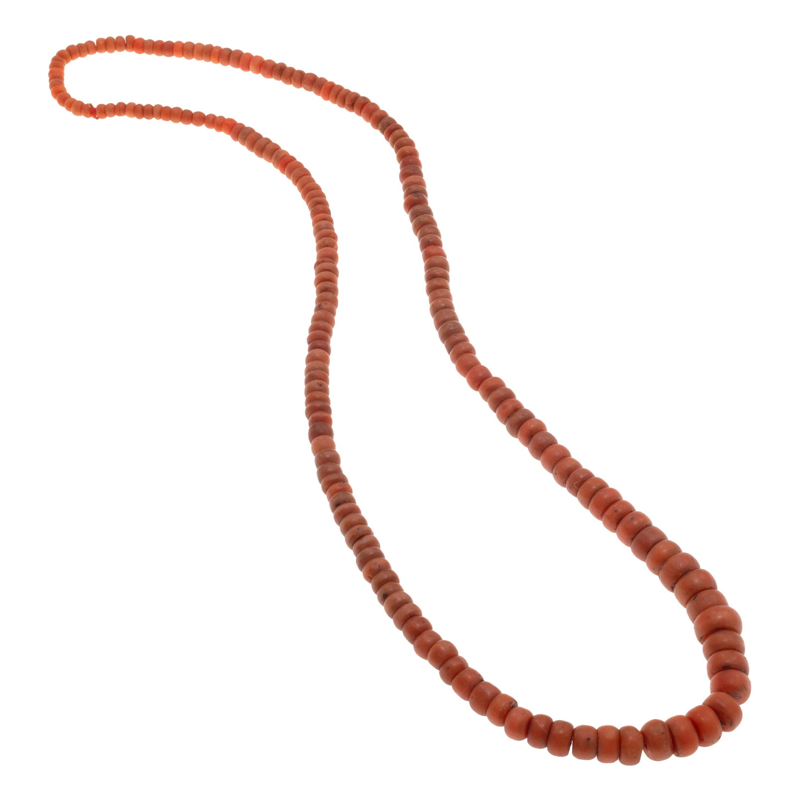 Graduated Coral Bead Necklace: Graduated Coral Bead Necklace Composed of rondelle-shape coral beads measuring from approximately 12.0 to 6.2 mm, forming a single strand, continuous 23 inch necklace. Gross weight: 35.4 grams. Item