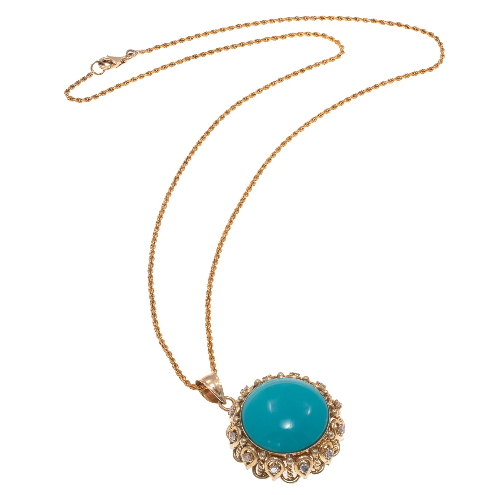 Turquoise, Diamond, 14k Yellow Gold Necklace: Turquoise, Diamond, 14k Yellow Gold Necklace Centering one round turquoise cabochon measuring approximately 18.8 mm, accented by twelve round brilliant-cut diamonds weighing a total of approximately