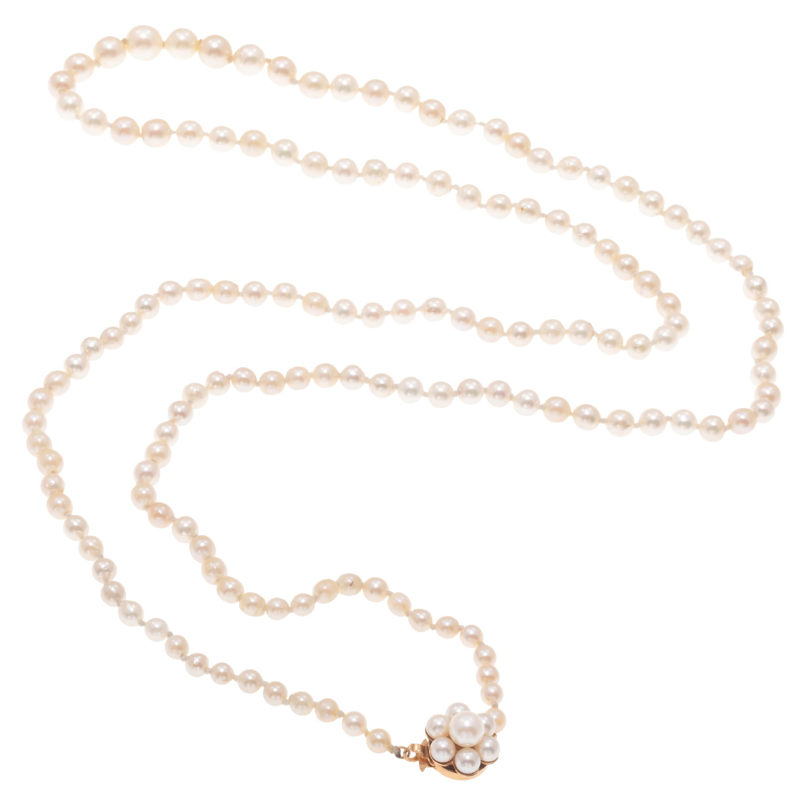 Cultured Pearl, 14k Yellow Gold Necklace: Cultured Pearl, 14k Yellow Gold Necklace Composed of one hundred forty-four round to off-round cultured pearls graduating from approximately 7.0 to 3.5 mm, completed by a 14k yellow gold clasp