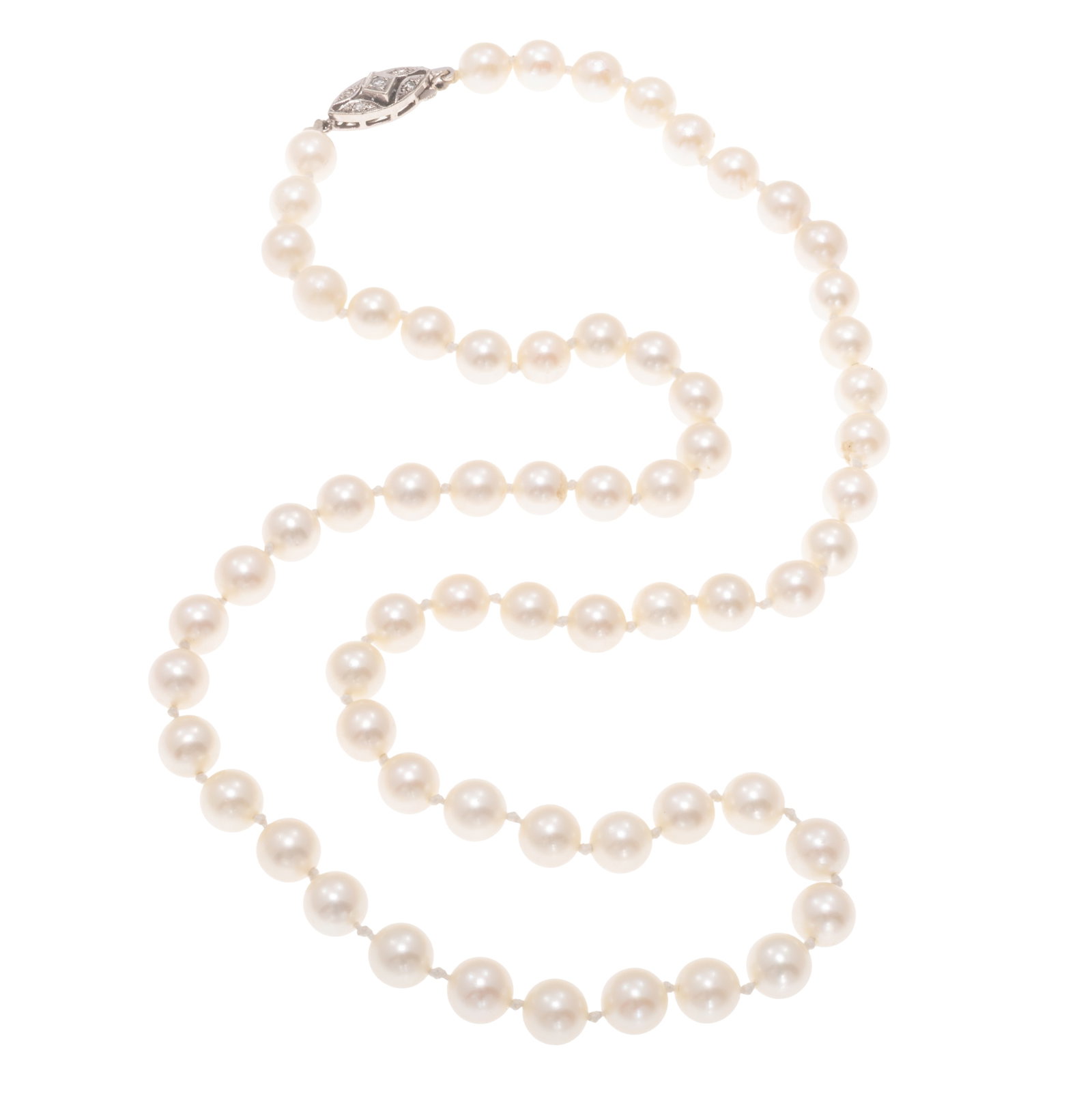 Cultured Pearl, Diamond, 14k White Gold Necklace: Cultured Pearl, Diamond, 14k White Gold Necklace Composed of sixty-three round cultured pearls, each measuring approximately 6.3 mm, completed by a 14k white gold hook and box clasp highlighted by fiv