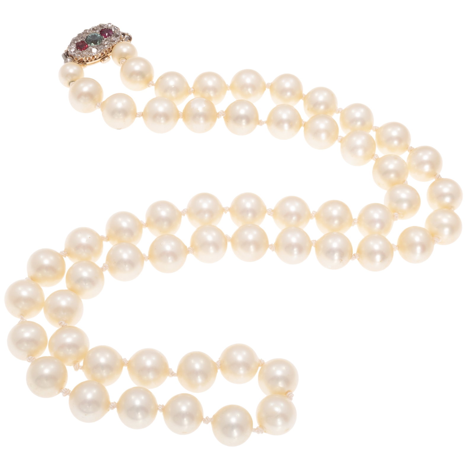 Diamond, Ruby, Sapphire, 14k, Simulated Pearl Necklace: Diamond, Ruby, Sapphire, 14k, Simulated Pearl Necklace Centering one round-cut green sapphire flanked by two cushion-shape rubies weighing a total of approximately 0.98 cttw., accented by nineteen old