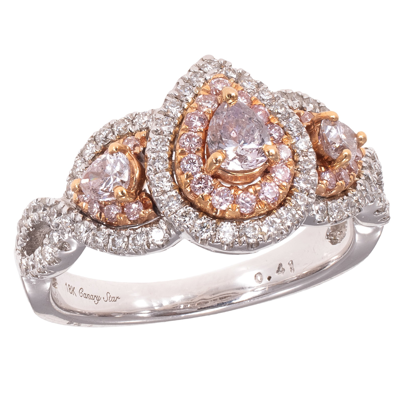 Diamond, Colored Diamond, 18k Ring, Canary Star: Diamond, Colored Diamond, 18k Ring, Canary Star Featuring three light pink pear-shape diamonds weighing a total of approximately 0.41 cttw., accented by twenty-eight round brilliant-cut pink diamonds 