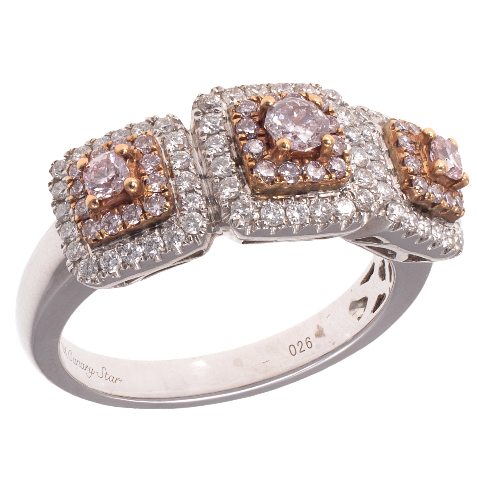 Colored Diamond, Diamond, 18k Ring, Canary Star: Colored Diamond, Diamond, 18k Ring, Canary Star Centering one round-cut pink diamond, flanked by two cushion-shape pink diamonds weighing a total of approximately 0.26 cttw., highlighted by thirty-six