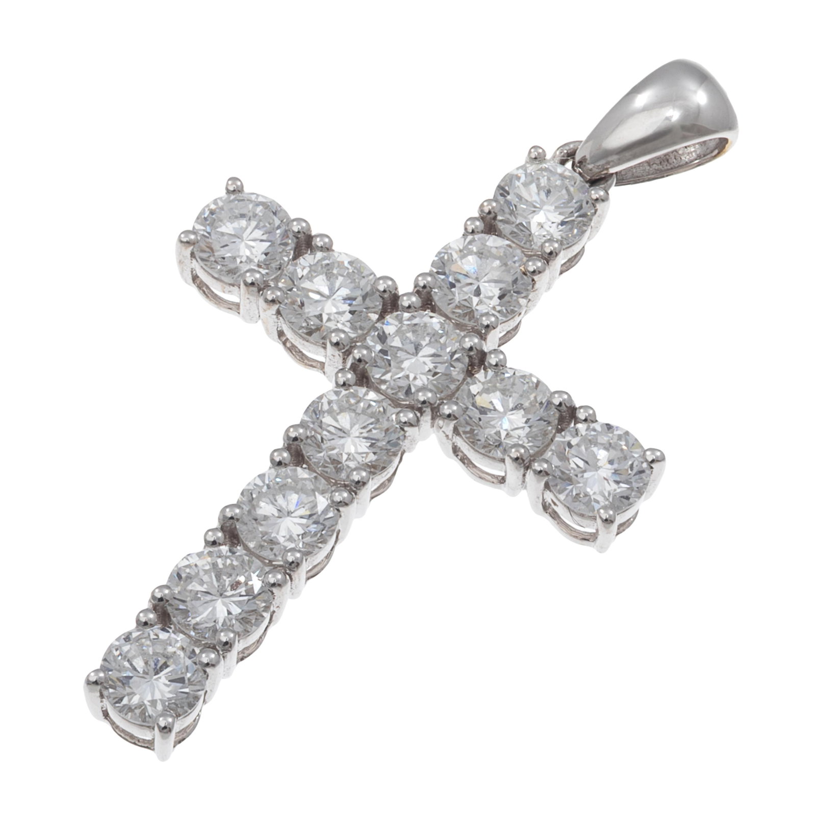 Diamond, 14k White Gold Cross Pendant: Diamond, 14k White Gold Cross Pendant Featuring eleven round brilliant-cut diamonds weighing a total of approximately 1.65 cttw., set in a 14k white gold pendant mounting measuring approximately 1.20 